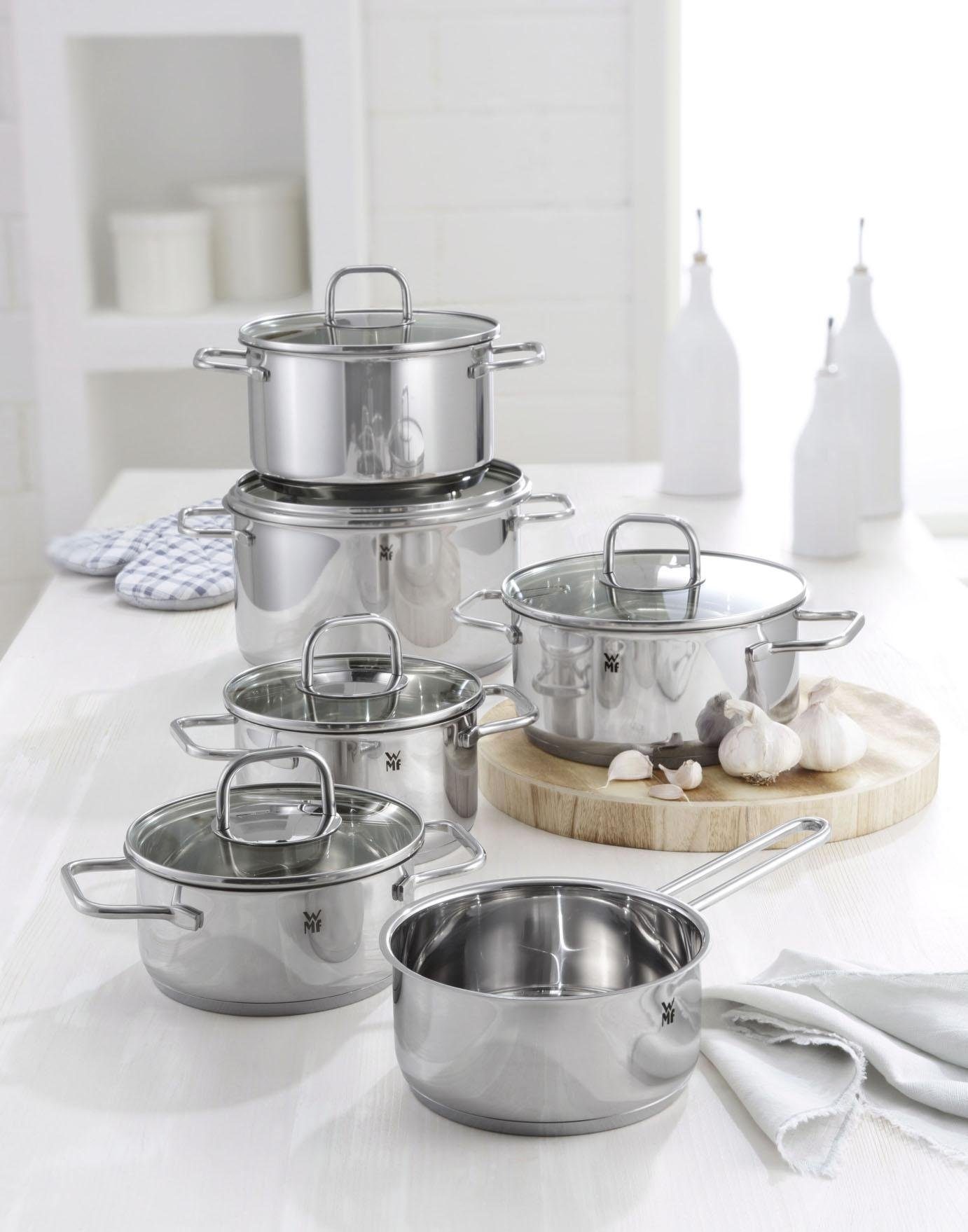 WMF Topf-Set Inspiration Induktion, Kochtopf Set mit Glasdeckel, Cromargan® Edelstahl Rostfrei 18/10 (Set, 11-tlg., 2x Bratentopf Ø 16/20cm, 3x Fleischtopf Ø 16/20/24cm, Stieltopf Ø 16cm), für alle Herdarten geeignet, unbeschichtet