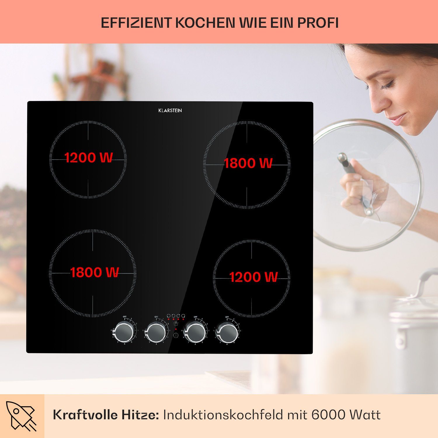 Klarstein Induktions-Kochfeld Kochheld Induktionskochfeld 4 Zonen 6000 W Dreh-Regler schwarz 10034947, Einbau-Kochfeld randlos Glaskeramik 9 Stufen autark mit D – Bild 5 von 5