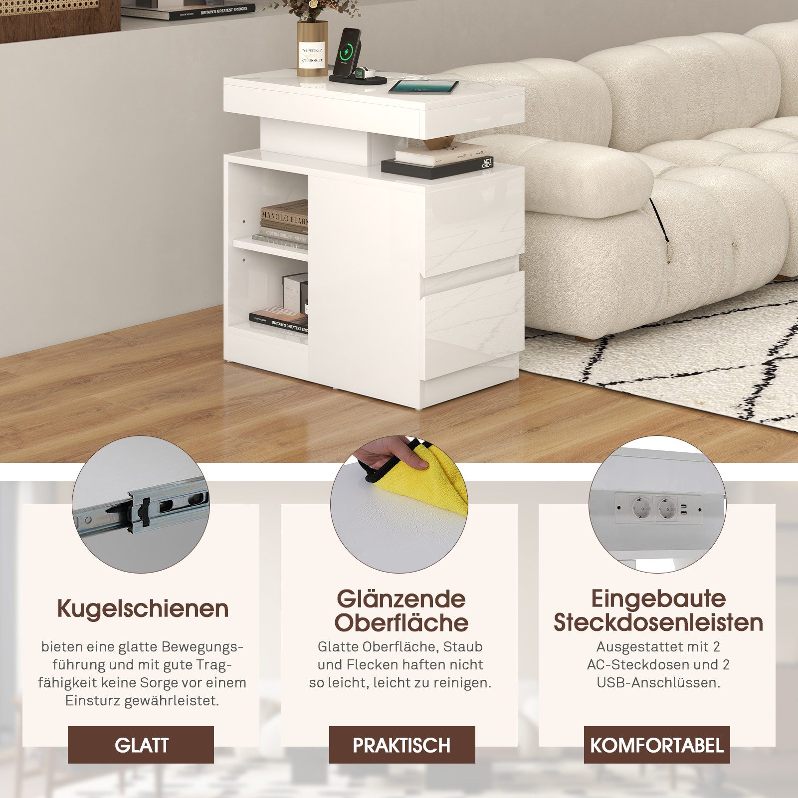 JOIVI Beistelltisch Moderner Beistelltisch im Hochglanz (Wohnzimmertisch in 60 x 32 x 62 cm, Kaffeetisch mit 2 Schuhbladen), Sofatisch für Wohnzimmer, Schlafzimmer, Büro, Weiß
