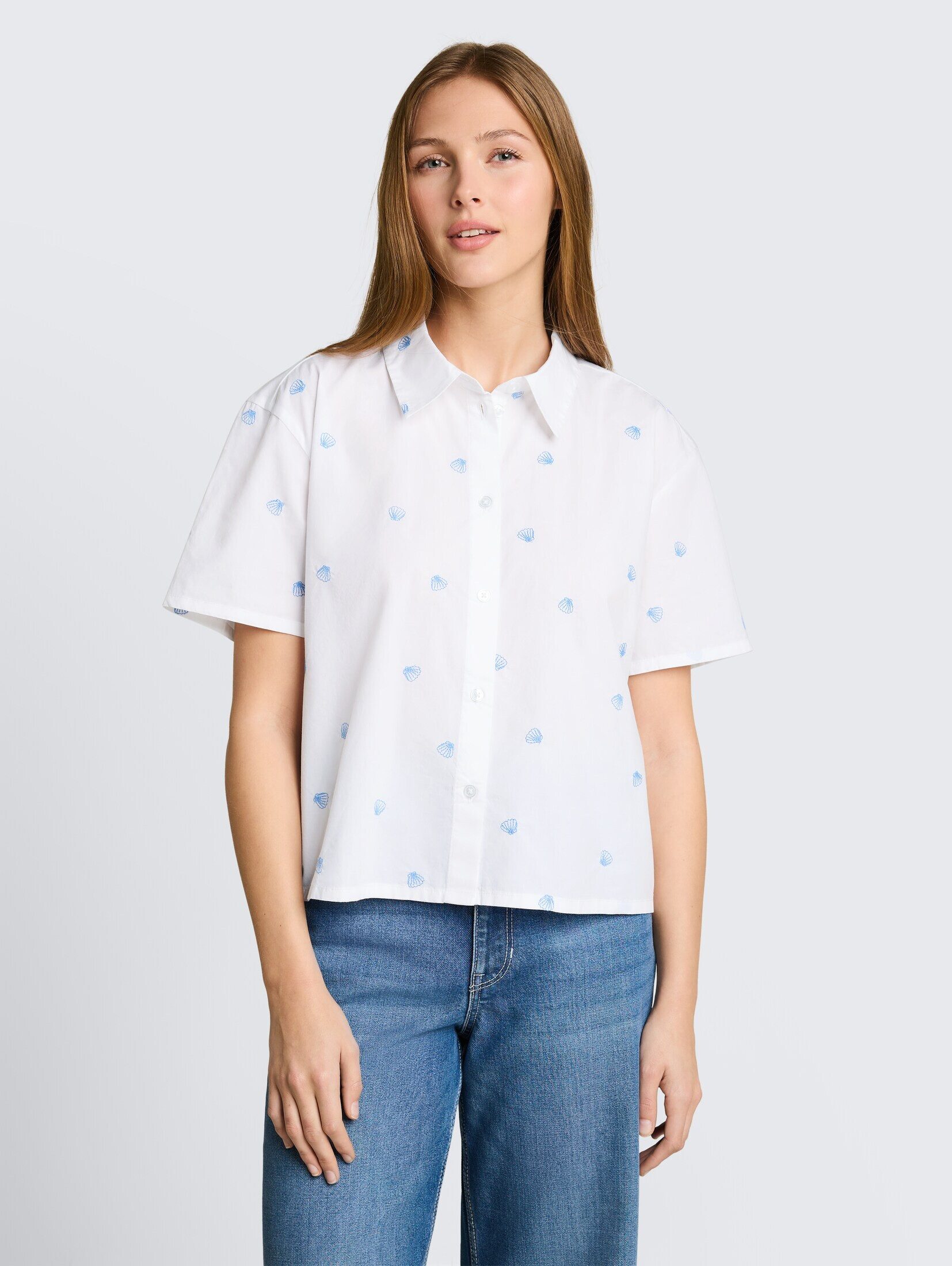 TOM TAILOR Denim Kurzarmbluse Blusen & Shirts Boxy Fit Hemdbluse mit Stickereien