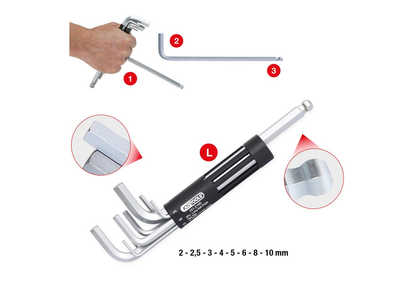 Thumbnail - KS Tools Winkelschlüssel KS TOOLS 3 in 1 Innen6kant-Winkelstiftschlüssel-Satz 8tlg. lang K...
