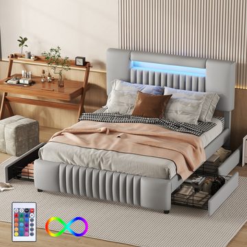 DOPWii Bett 140 x 200cm Doppelbett,Polsterbett mit vier Schubladen,Lichtleiste,Beige/Grau