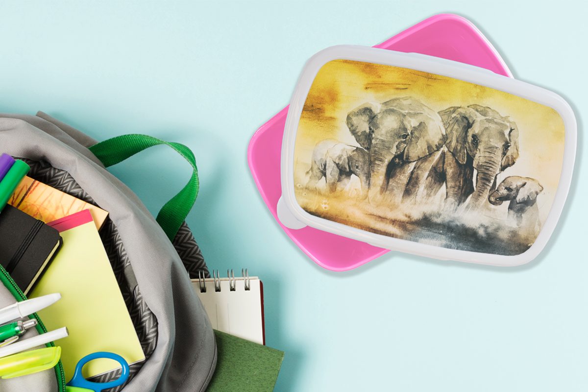 Erwachsene, Kinder, Brotbox - Aquarellfarbe MuchoWow - Brotdose Lunchbox rosa (2-tlg), Snackbox, Elefant Familie, Mädchen, für Kunststoff Kunststoff,