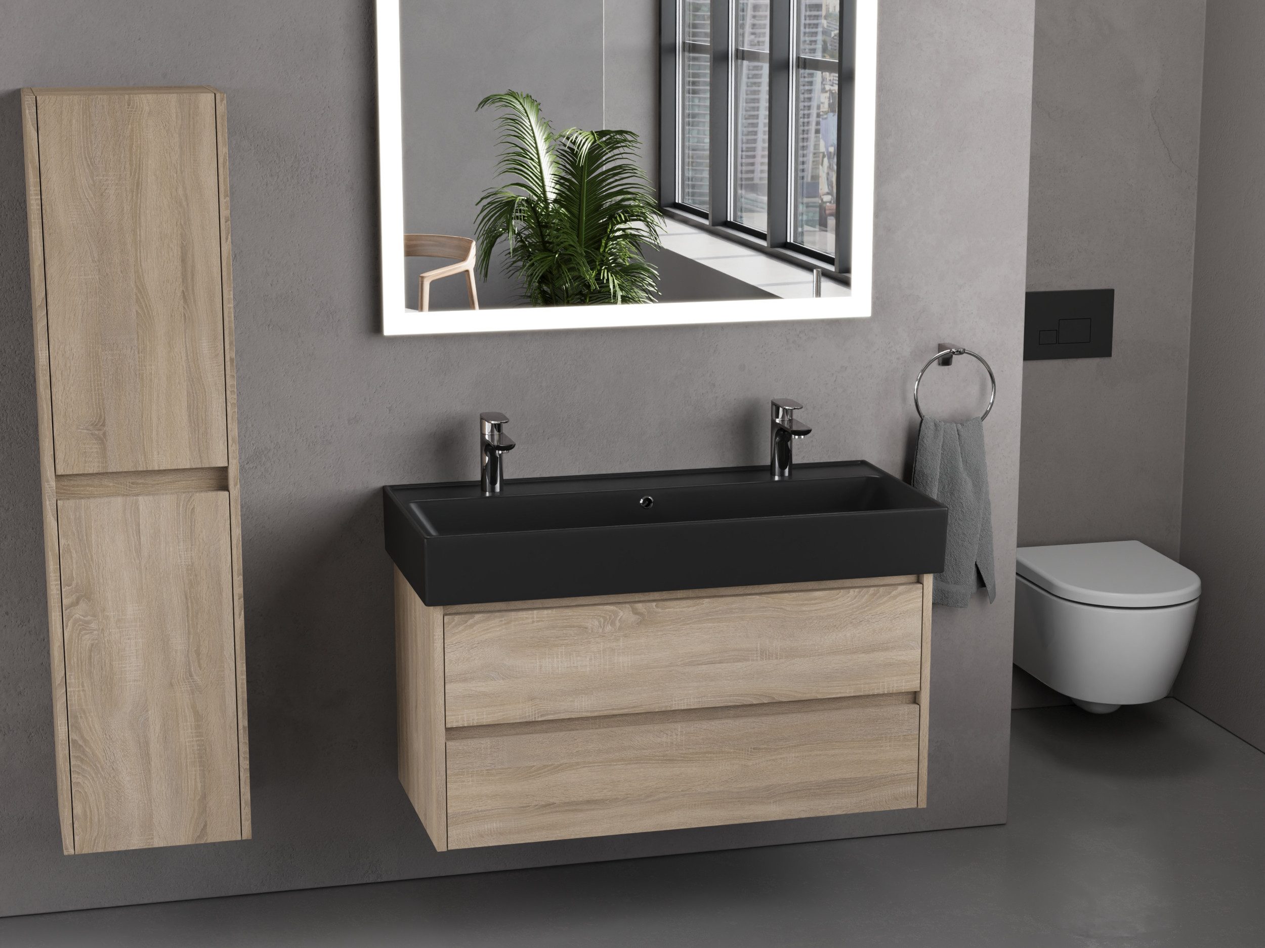 Aqua Bagno Badmöbel-Set Duo Waschplatz 100 cm Doppelwaschtisch MDF Eiche Go günstig online kaufen