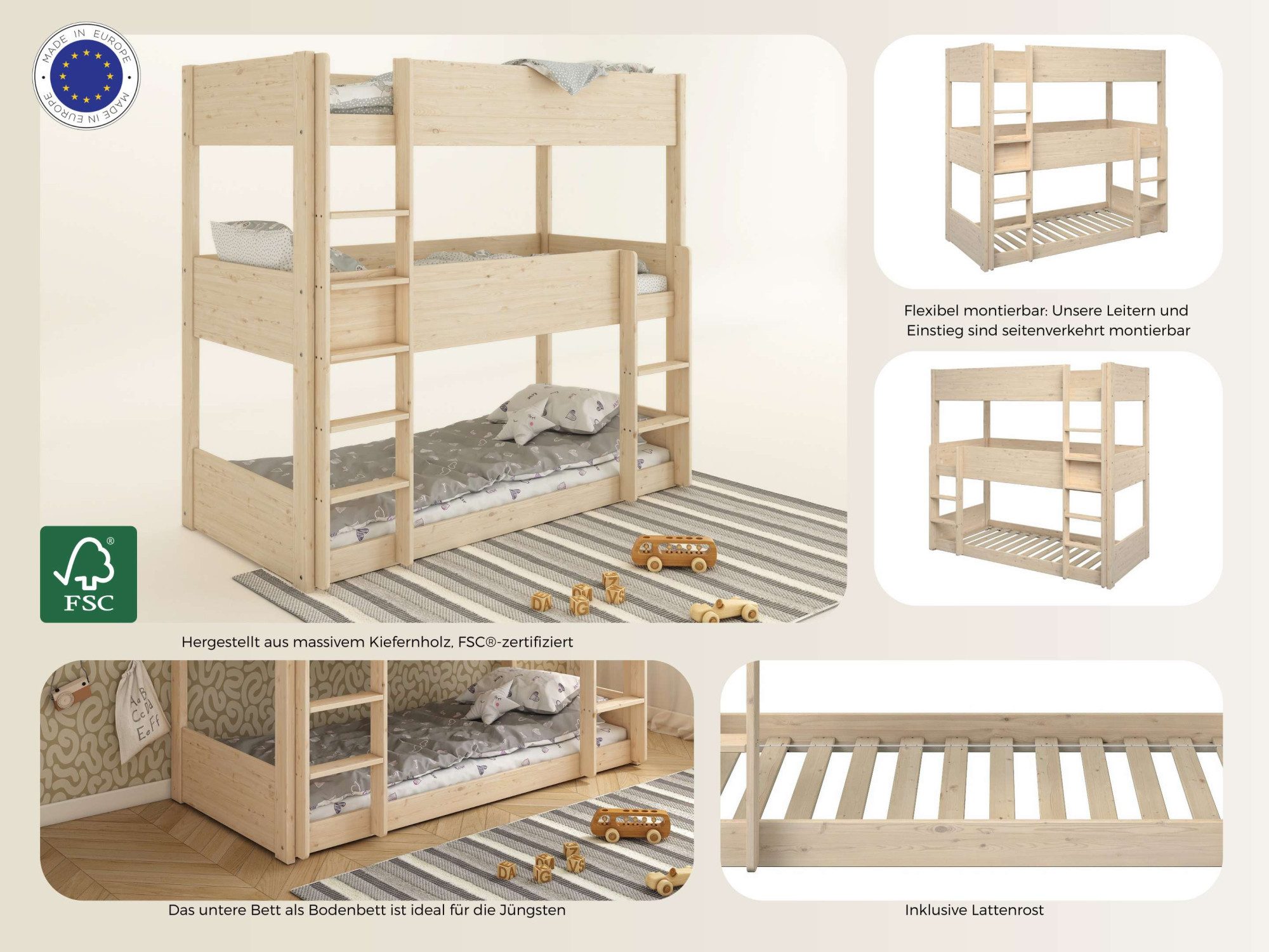 OTTO home Etagenbett TIPO, Stockbett, Hochbett, Bodenbett, platzsparend (Leitern beidseitig montierbar), mit 3 Schlafplätzen, FSC® zertifiziertes Massivholz (Kiefer)