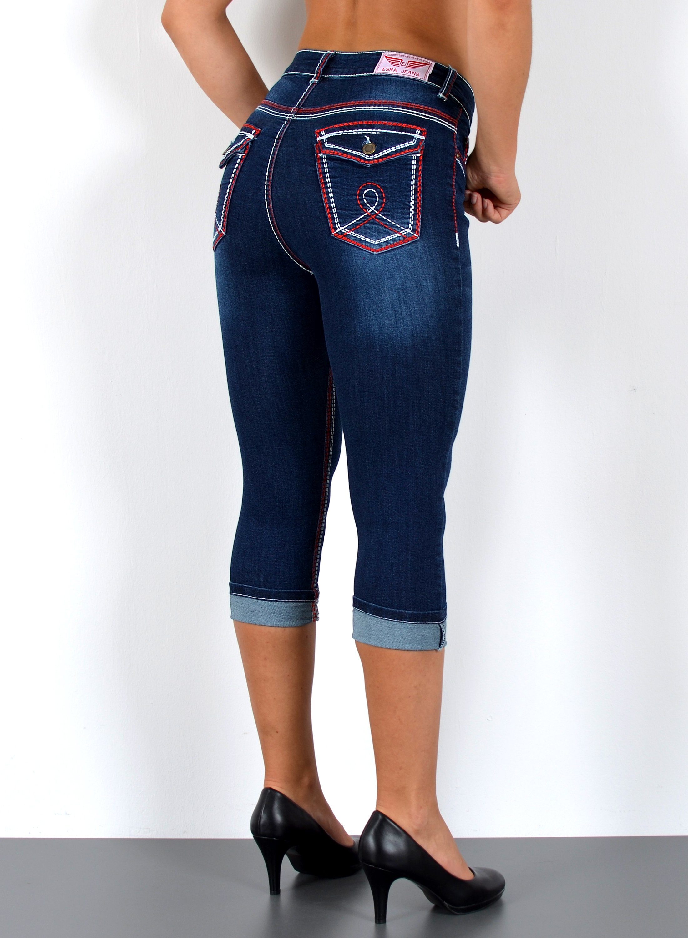 ESRA Caprijeans 3/4 Capri Jeans Damen High Waist weiße Naht Jeans Kontrastnähte J569 Capri Jeans Damen High Waist weiße Naht Jeans Kontrastnähte J569