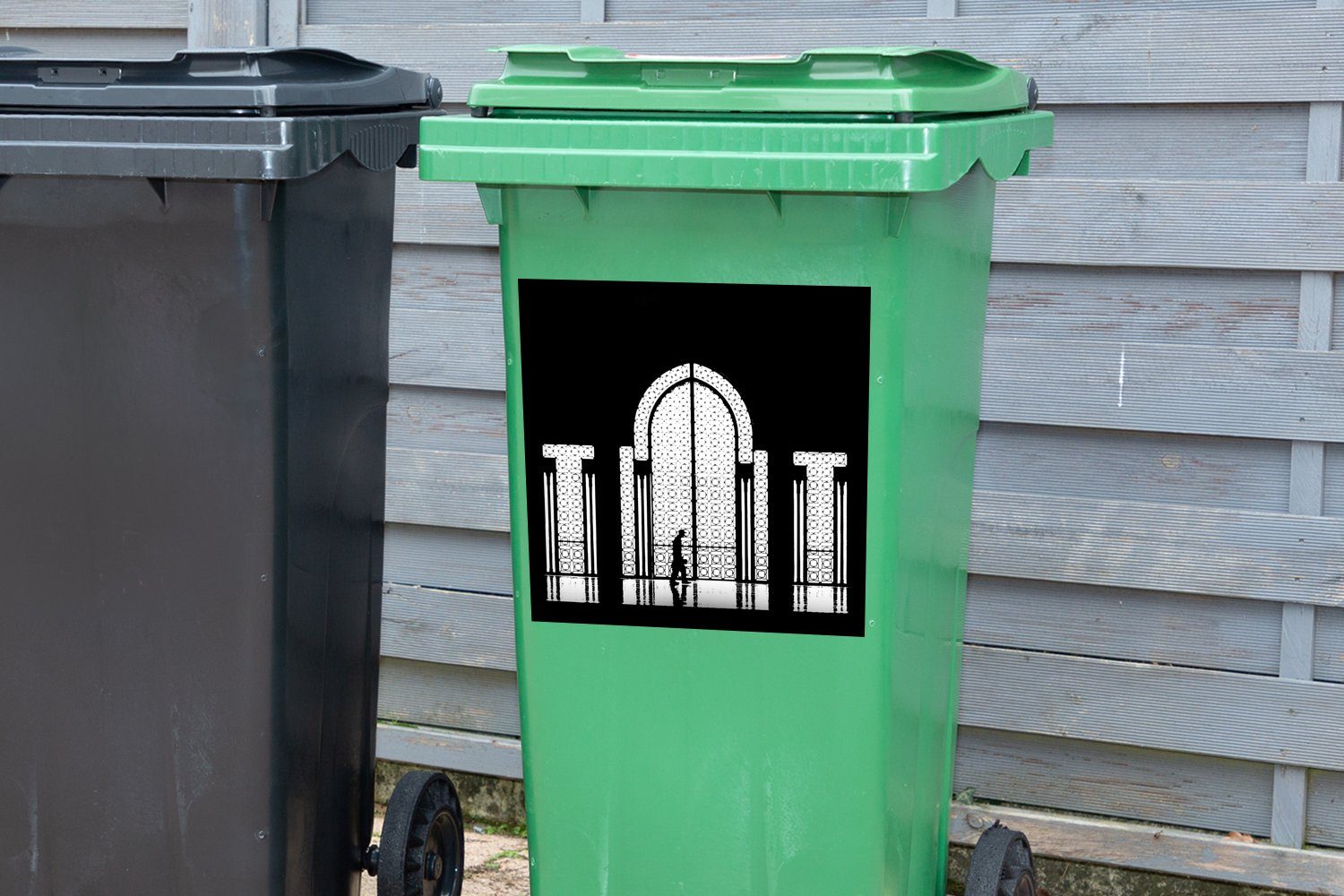 - MuchoWow - Wandsticker Schwarz Weiß Fenster Mülleimer-aufkleber, St), Container, (1 - Abfalbehälter Mülltonne, Mensch Sticker,