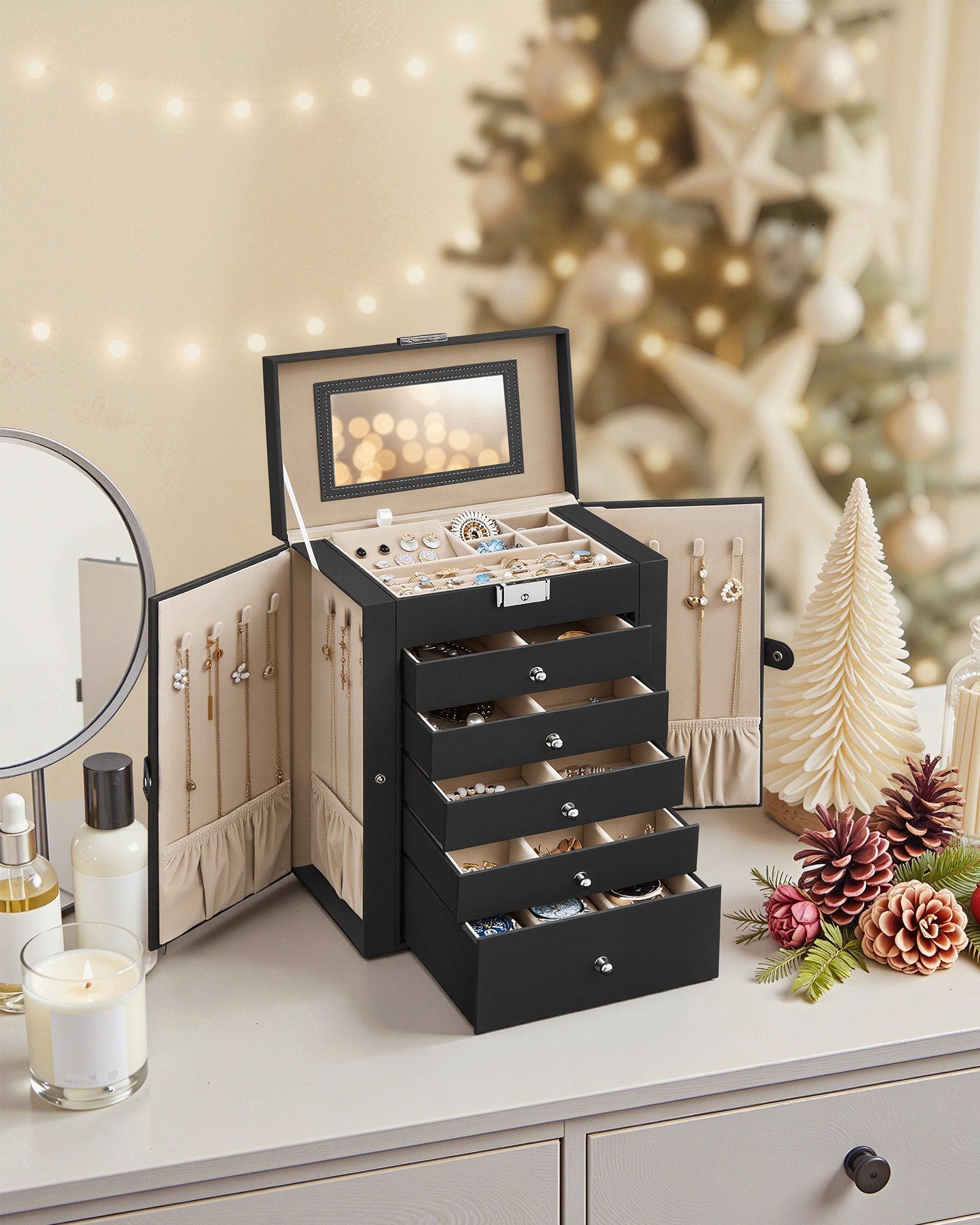 SONGMICS Schmuckkasten, Schmuckschatulle mit 6 Ebenen, seitlichen Klapptüre günstig online kaufen