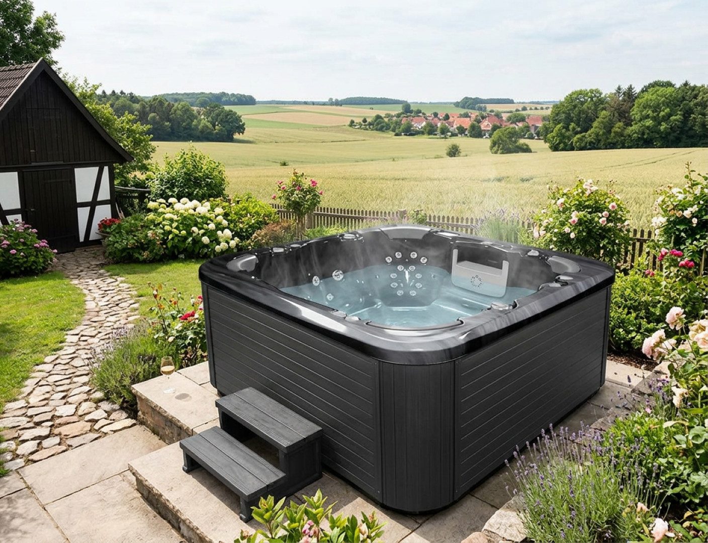 SPA Kompagniet Whirlpool Scandinavic Wood Art "Texel" Outdoor Whirlpool 8P 3 Filter 216×216 cm, Aufstellbecken, (Komplett inkl. Thermo-Cover, 2 Filter und Beleuchtung), inkl. Cover, 42 Massagedüsen mit Lamellen- und Stofffiltersystem