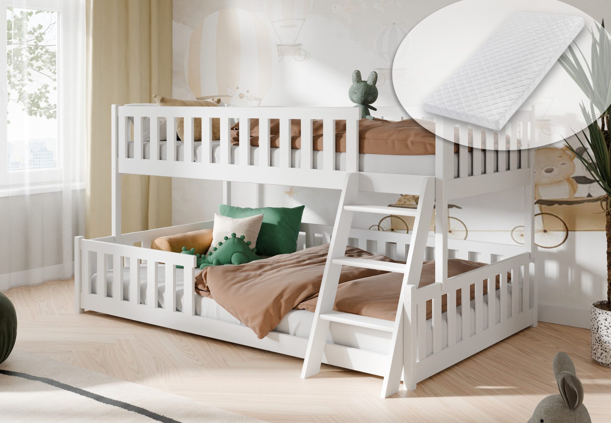 Kids Collective Etagenbett Hochbett Kinderbett 90x200/120x200 cm Rausfallschutz & Lattenrost, Mit zwei Matratzen und Leiter, massives Kiefernholz, Weiß