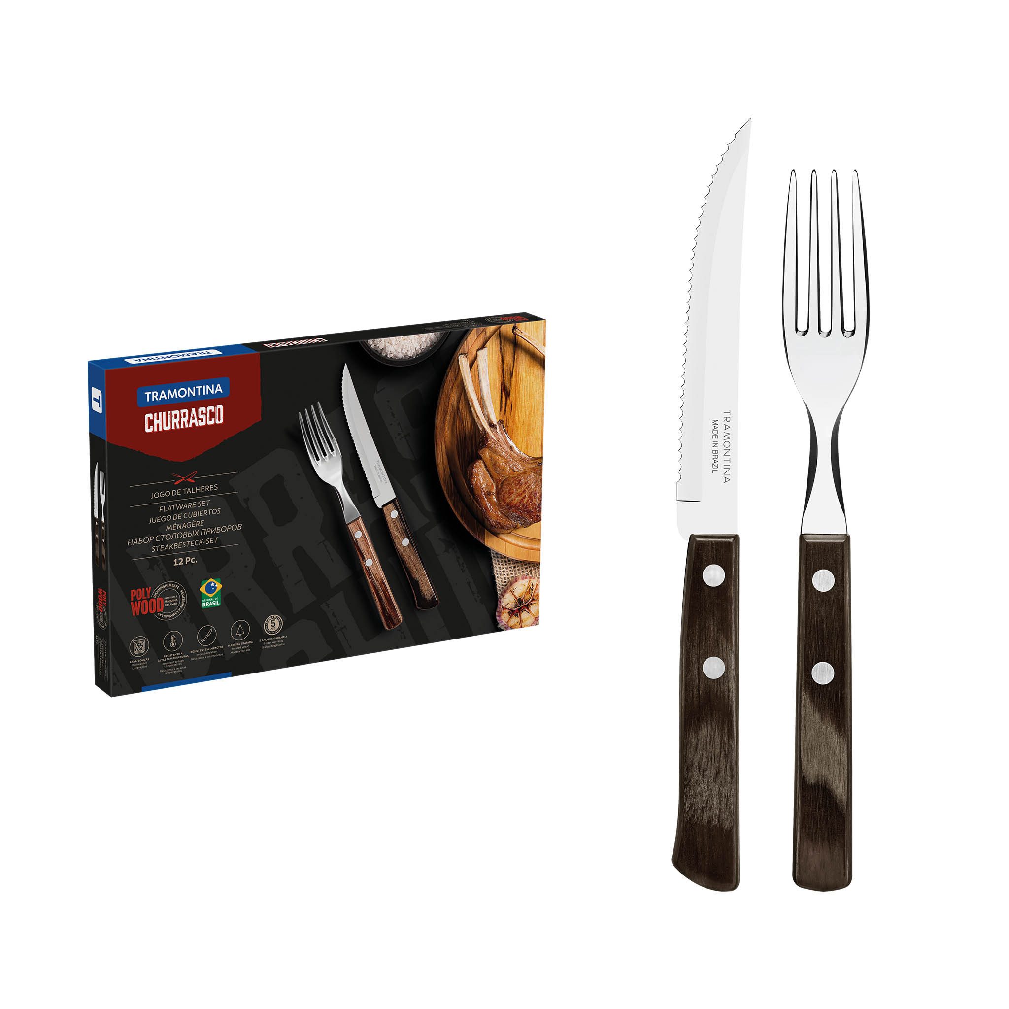 Tramontina Steakbesteck Pizzabesteck, 12-tlg. Set - mit FSC Holzgriff (12-tlg), 6 Personen, Edelstahl, scharfe Klinge, FSC Echtholzgriffe, spülmaschinenfest