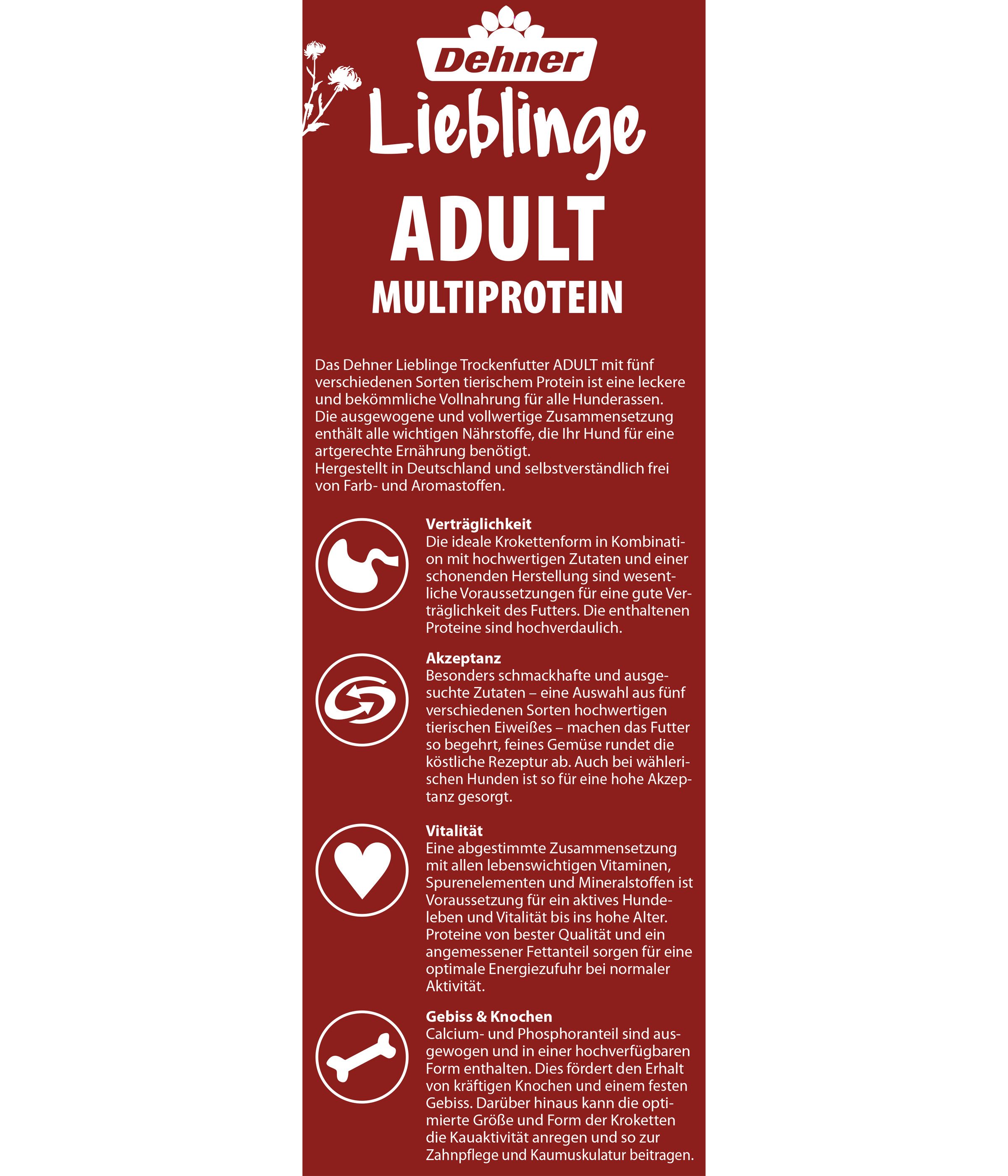 Dehner Lieblinge Multiprotein Adult Geflügel / Wild / Fisch, 12 kg, Trockenfutter für: Hunde, Trockenfutter für ausgewachsene Hunde, zuckerfrei