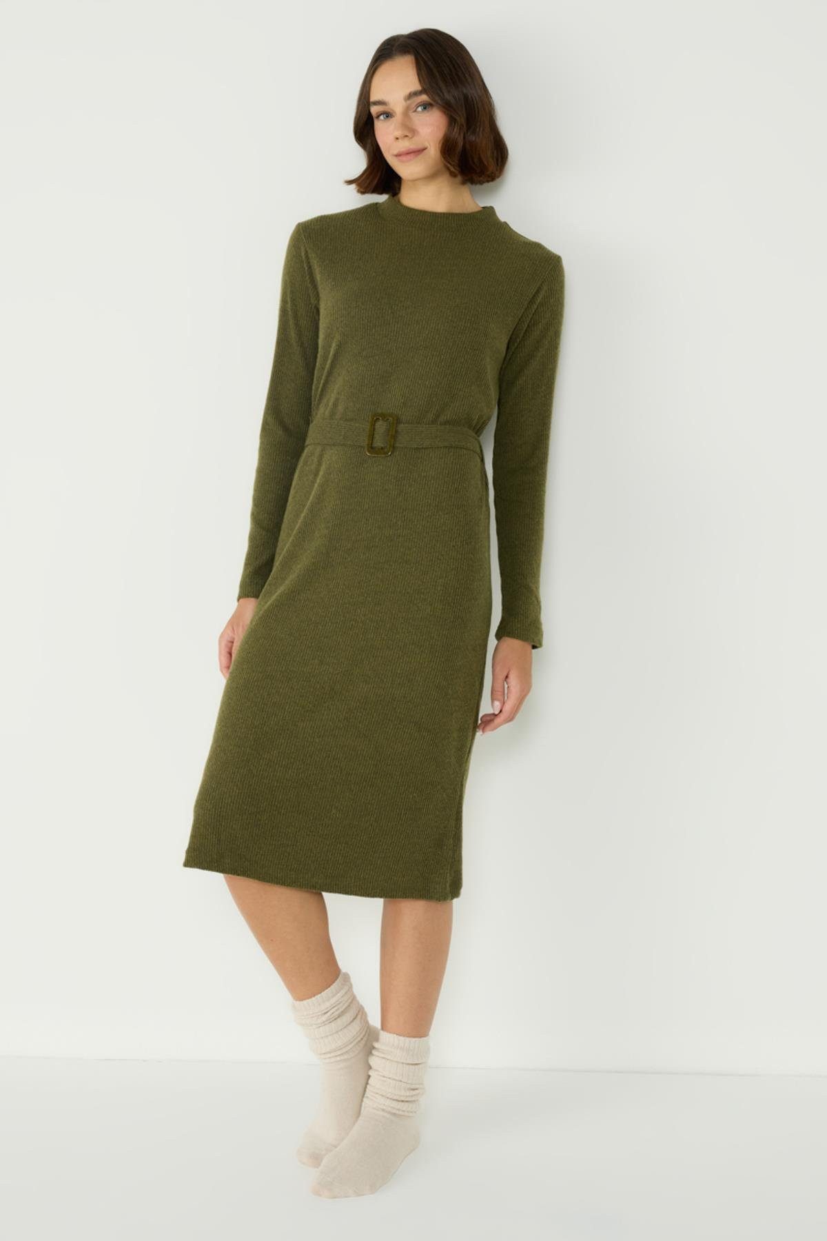 C&CITY Tunikakleid Dehnbarer Halbfischer Hals Langarm Kleid