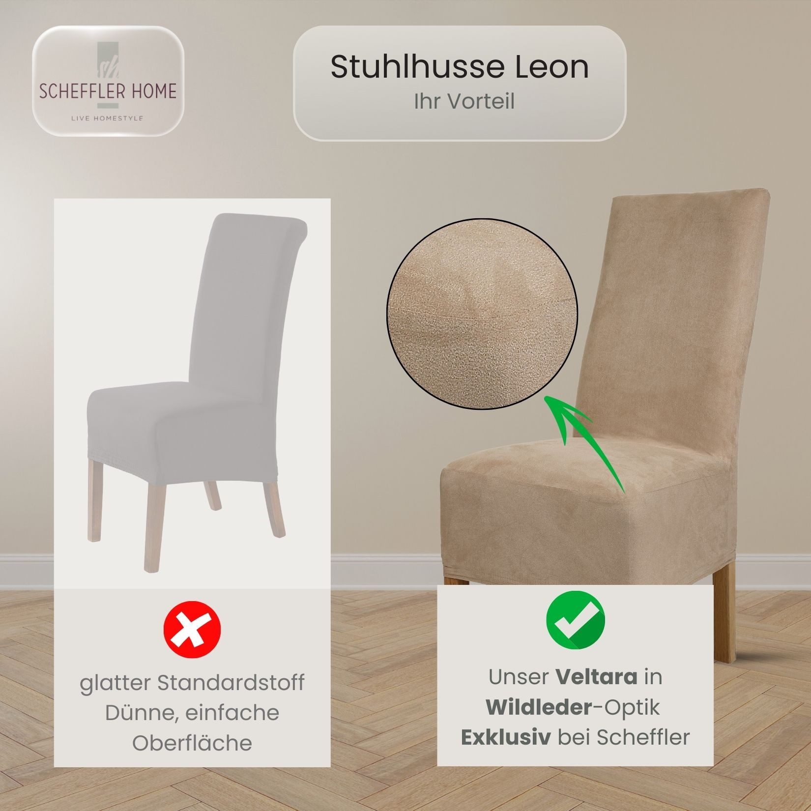 sh SCHEFFLER-HOME LIVE HOMESTYLE Stuhlhusse Leon Stoff Veltara, Premium-Microfaser Veltara in edler Wildleder-Optik – Bild 4 von 5