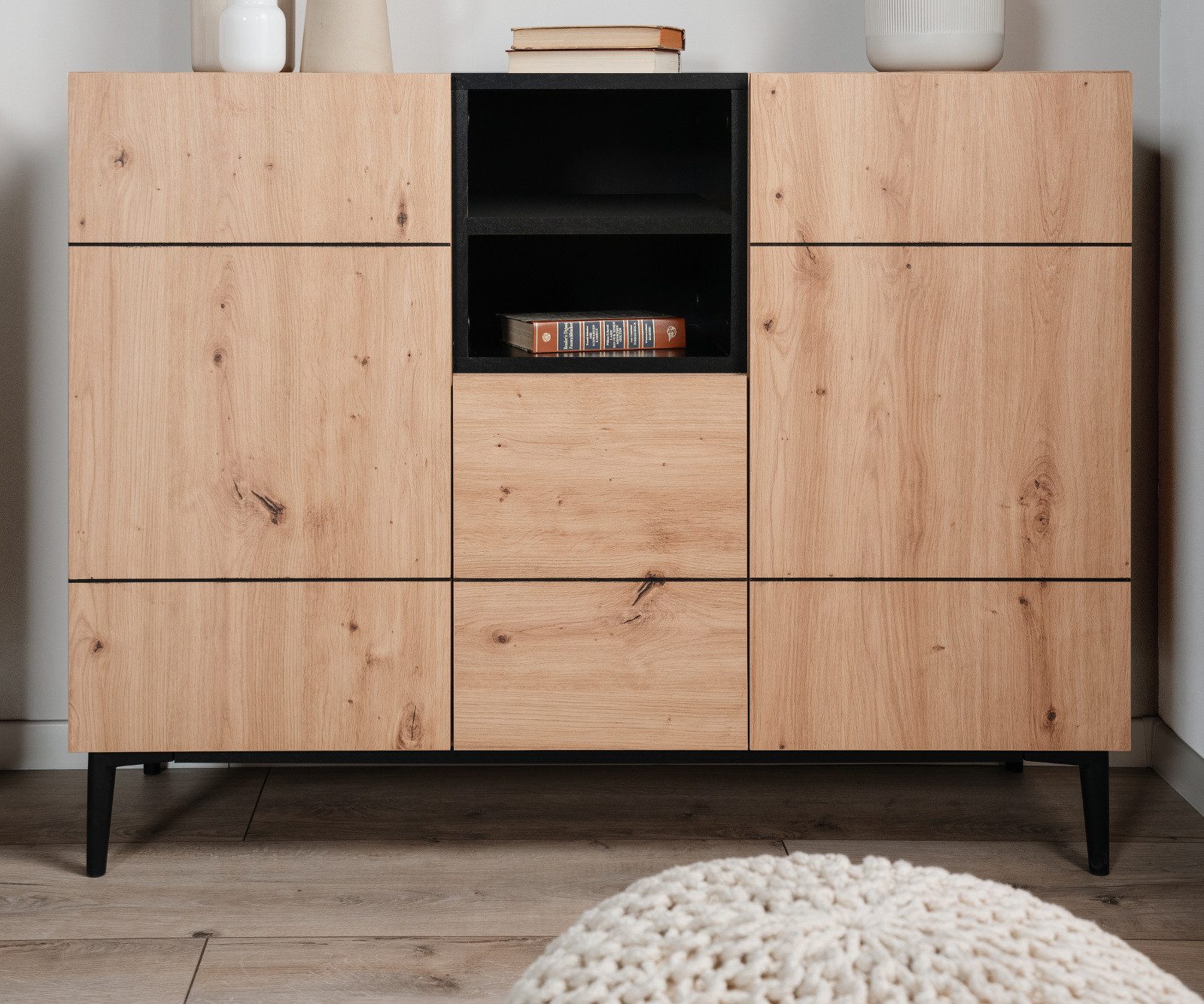 Furn.Design Kommode Liam (Sideboard in Eiche Artisan und schwarz, 120 x 90 cm), viel Stauraum