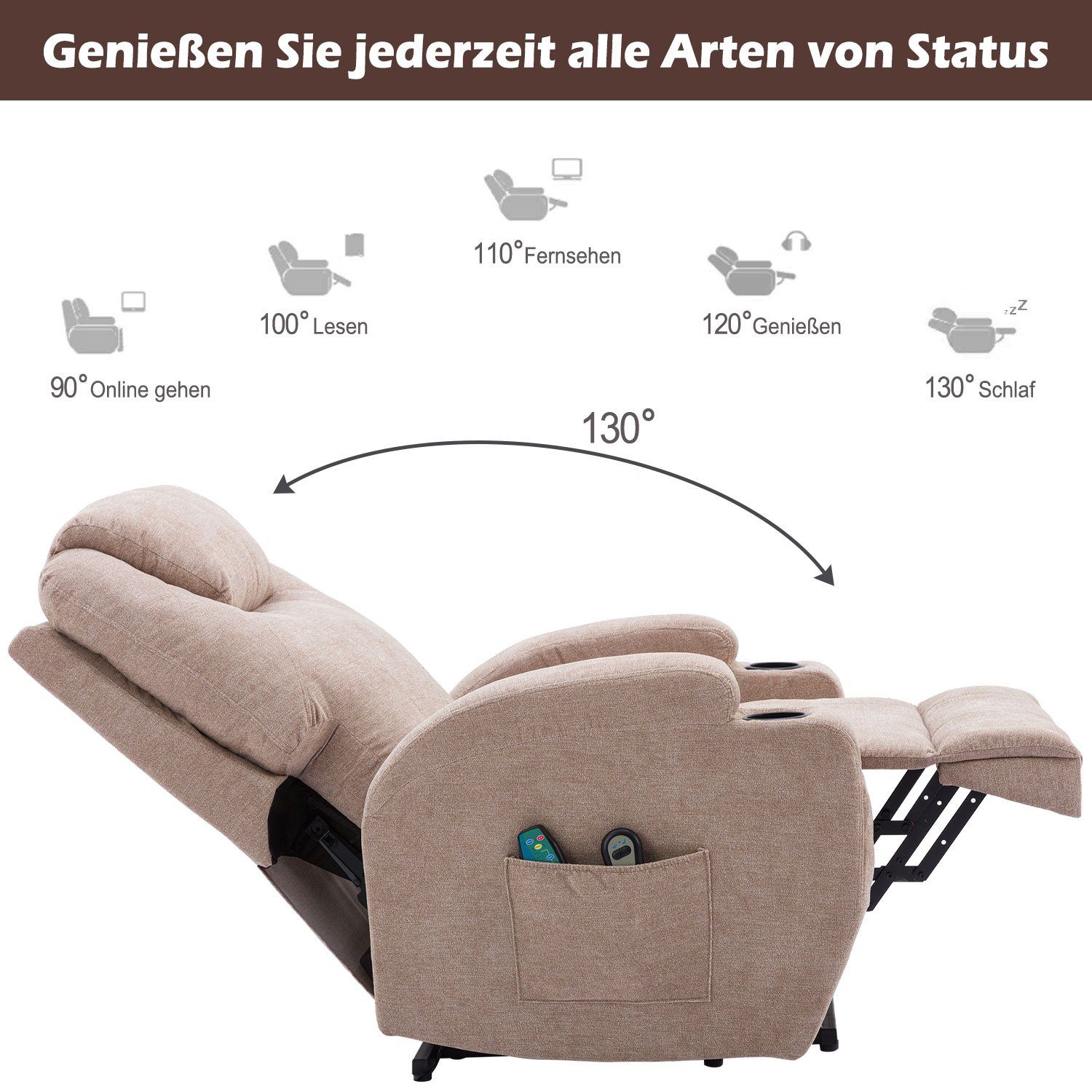 TV-Sessel (Liegefunktion, Wärmefunktion und Vibrationsmassage), Fernsehsessel mit Aufstehhilfe, bis zu 130 kg belastbar
