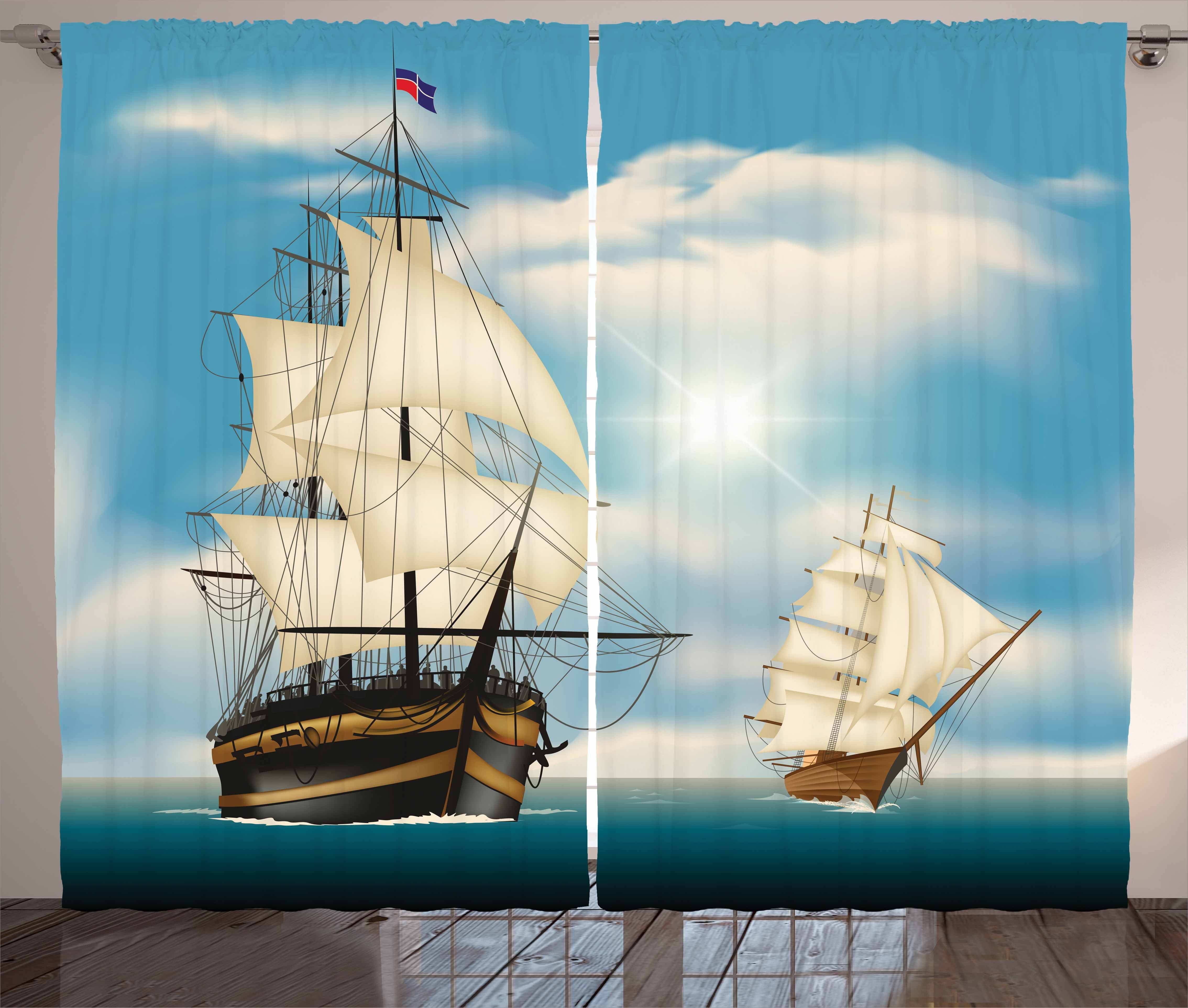 Gardine Schlafzimmer Kräuselband Vorhang mit Schlaufen und Haken, Abakuhaus, Vintage Boat Antike Schiffe Navy