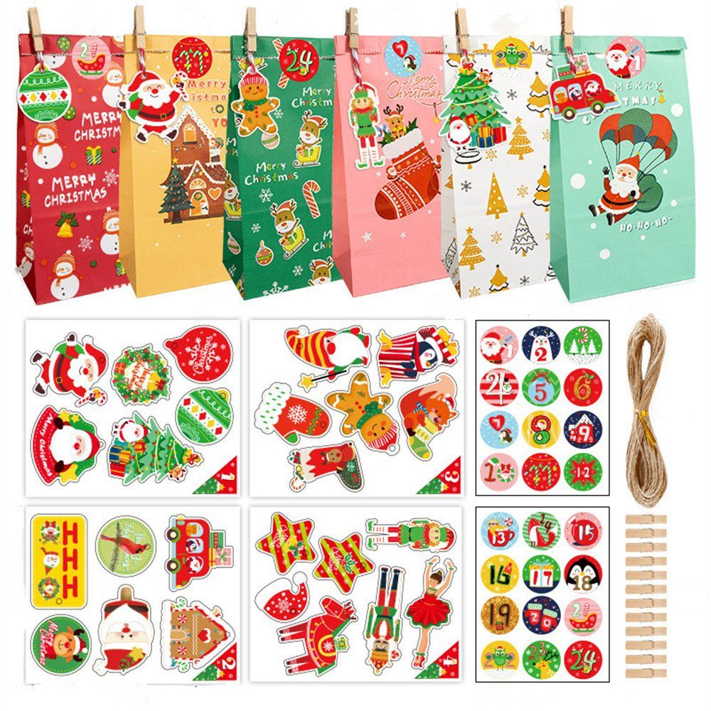 ZAXSD Dekohänger Weihnachts-Kraftpapiertüten-Set,Weihnachtsgeschenktüten 24er-Set, Weihnachtsgeschenk-Taschen-Set