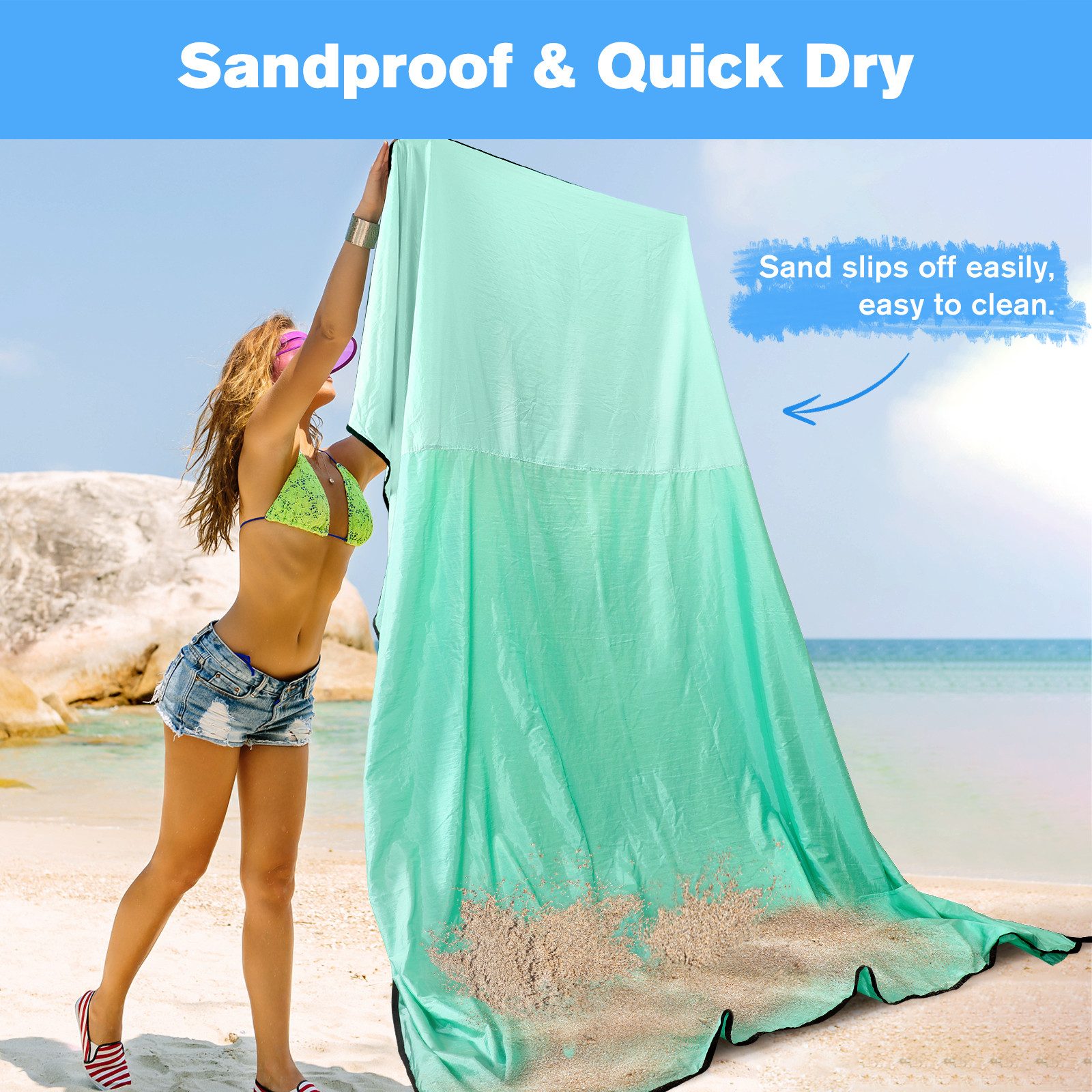 Picknickdecke Stranddecke Sandfrei super groß 210x200 cm, Sanddicht Wasserdicht, Fintie, Super Leicht Dünn Bequem Langlebiges Material, Strandmatte, Strandtuch