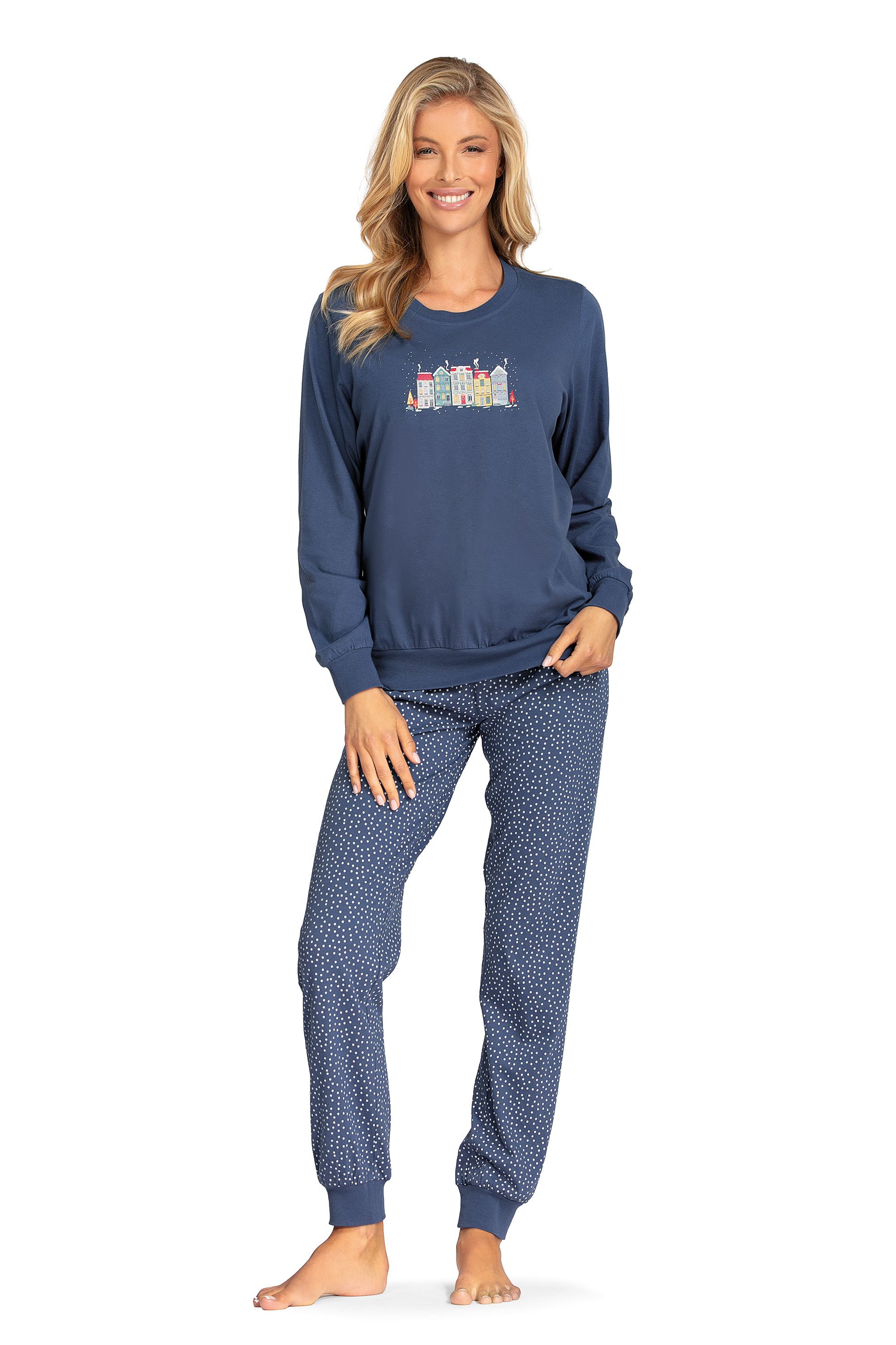 comtessa Schlafanzug Comtessa Damen Schlafanzug Langarm Bündchen Stadt Jeans (2 tlg)