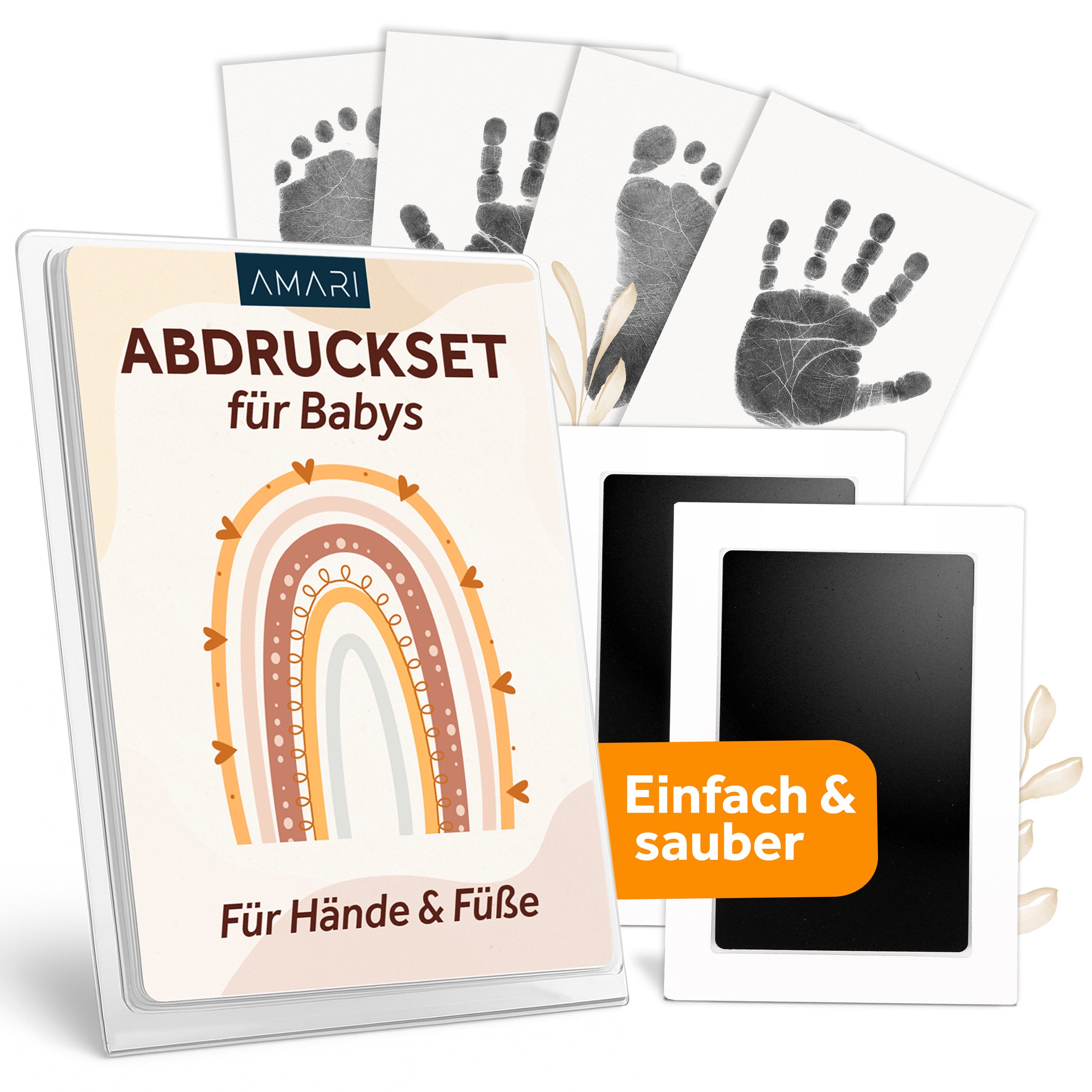 Amari Handabdruck-Set Baby Abdruckset Clean-Touch Stempelkissen, Handabdruck & Fußabdruck, 6-tlg., 2 Stempelkissen & 4 Abdruckkarten, ohne Tinte auf der Haut, Geschenk zur Geburt, Taufe & Babyparty