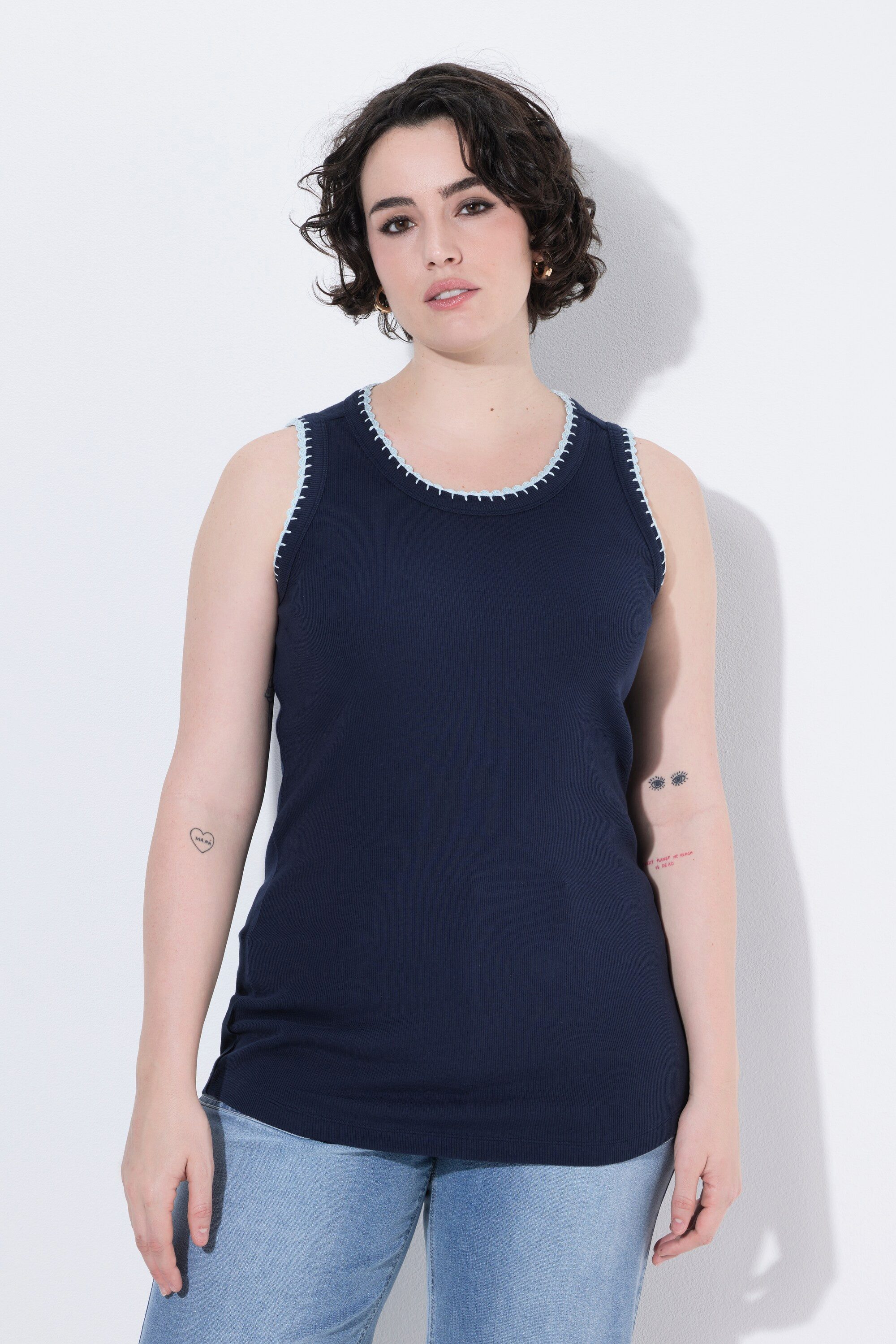Ulla Popken Longtop Top Rippjersey Zierkanten Rundhals ärmellos