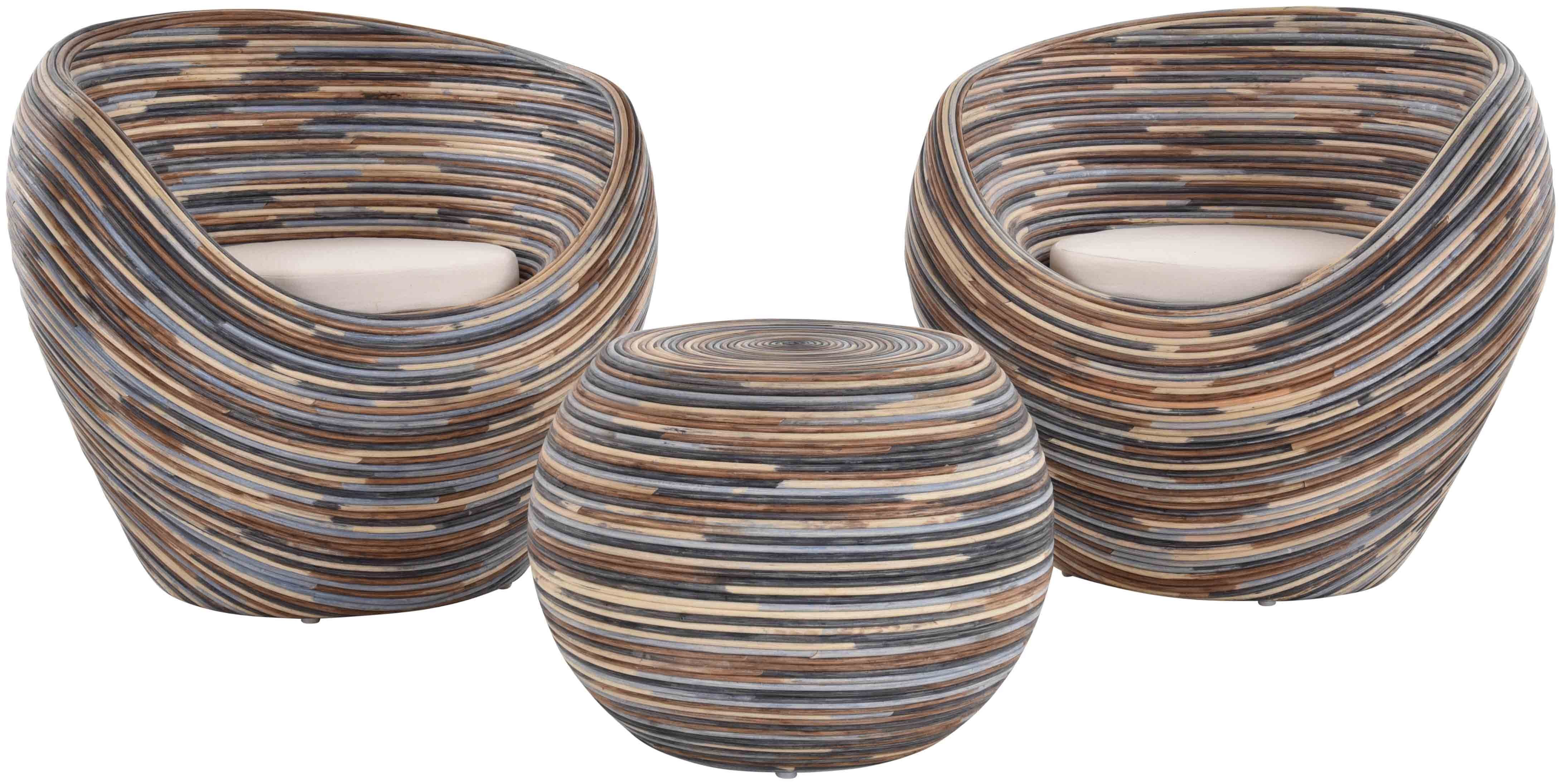 Krines Home Sitzgruppe Loungeset Bubble Rattan Garnitur für 2 Personen (Mehrfarbig, 3-teilig), (3-tlg., Tisch, 2x Sessel)
