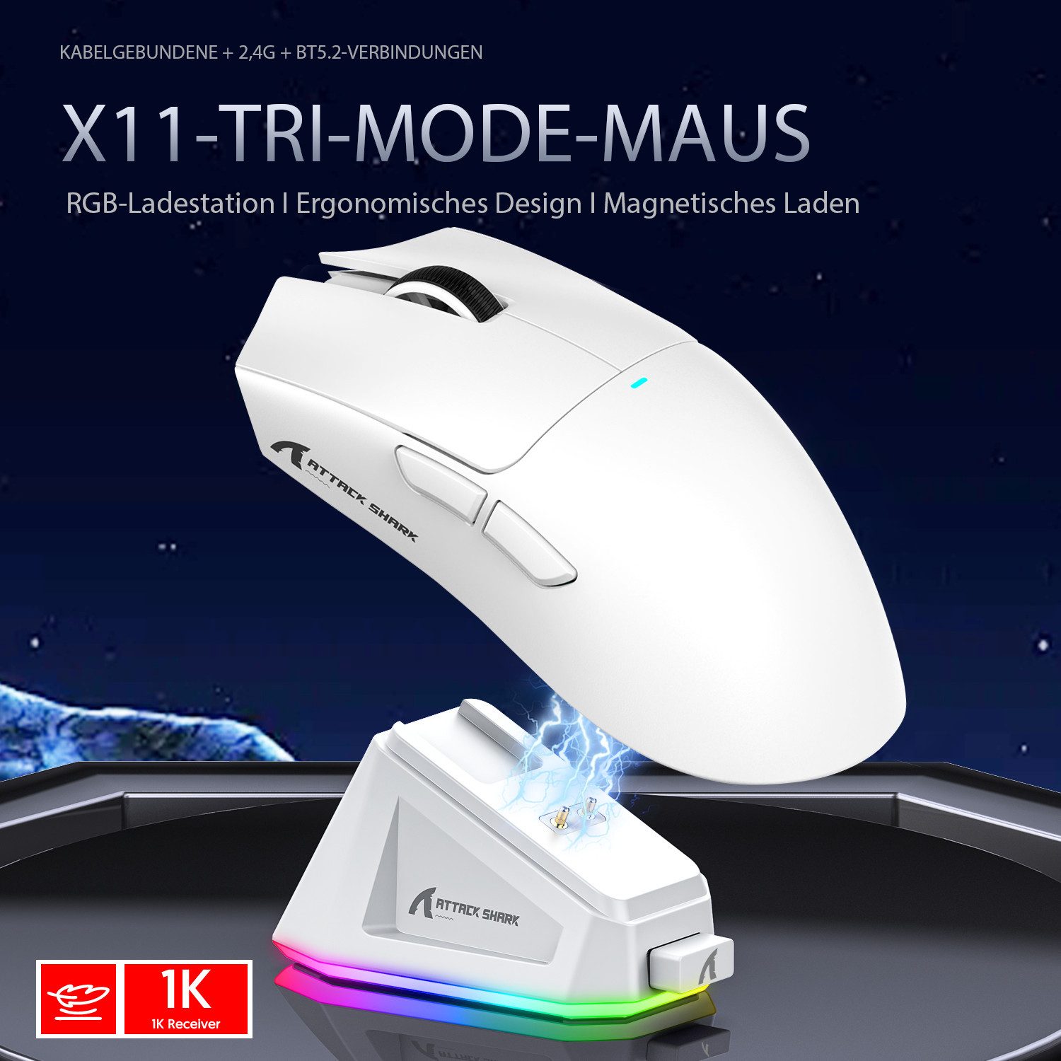 ATTACK SHARK X11 Kabellose Gaming-Maus mit Magnetischer Ladestation Gaming-Maus (Bluetooth, kabelgebunden, 2.4G, 22000 dpi) – Bild 4 von 5