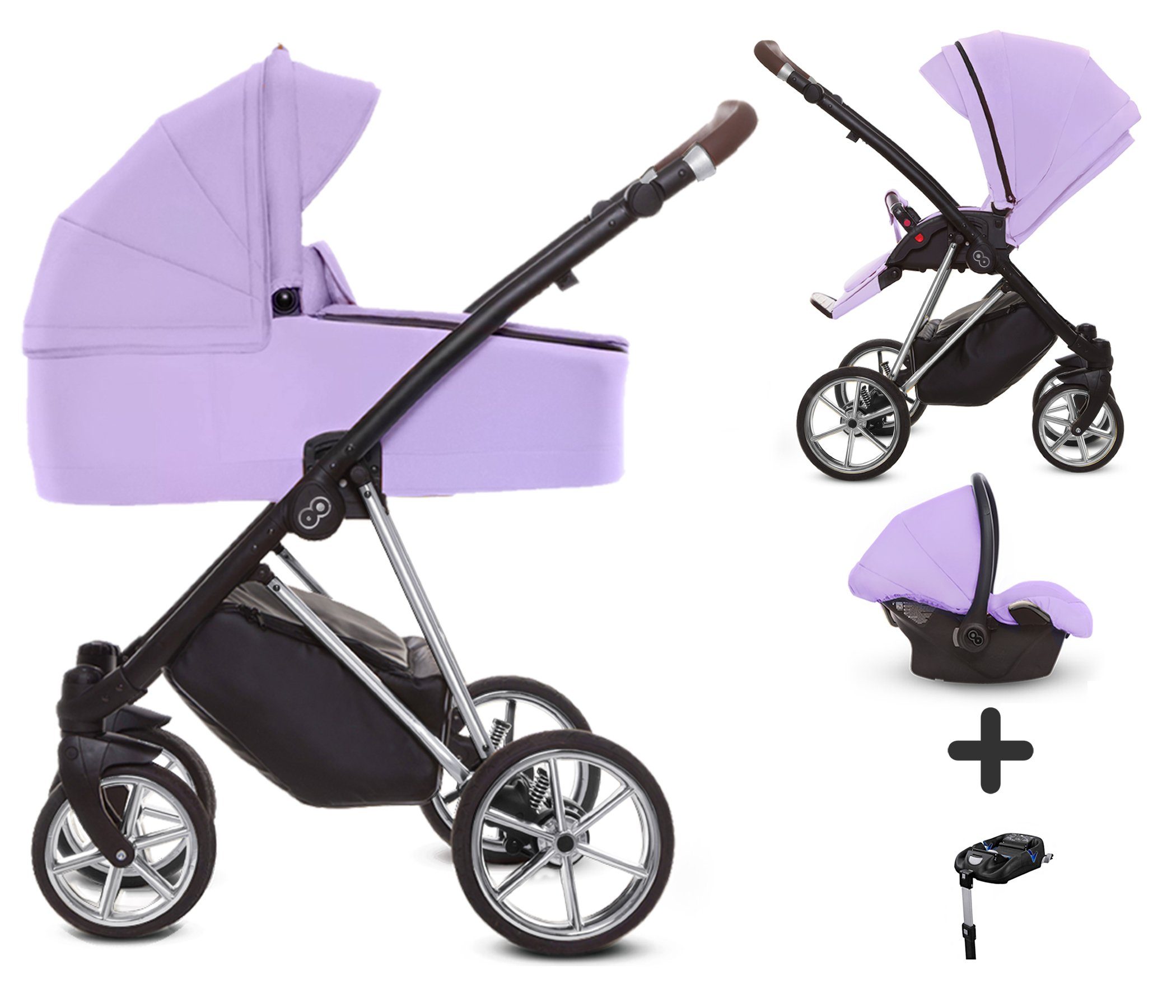 TPFFamily Kombi-Kinderwagen 4 in 1 Musse Ultra, Baby Buggy Babywanne Autositz Isofix Basis, großes Zubehör-Set Kinderwagen 4 in 1 Stoff Lila, Gestell Silber