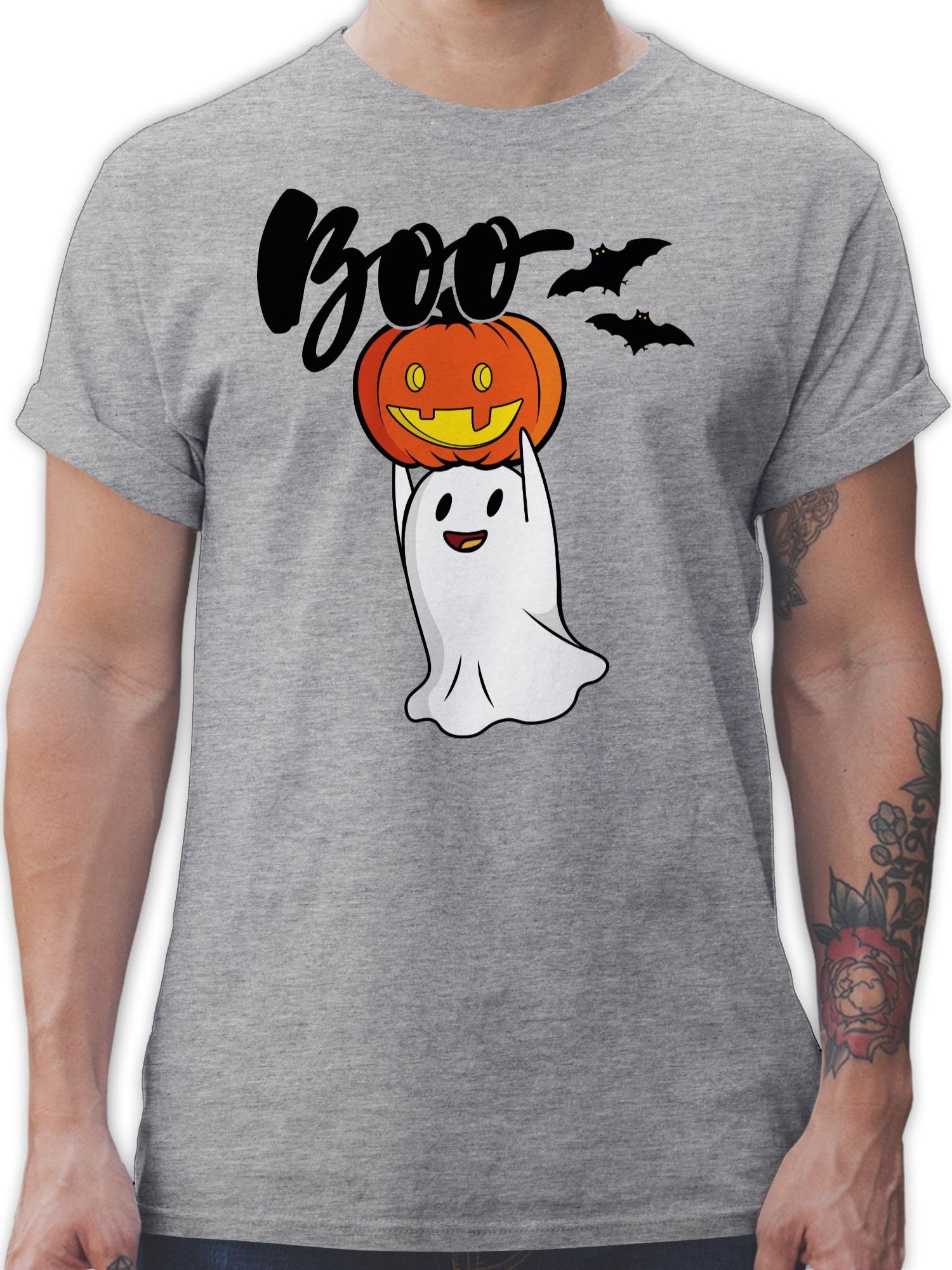 Shirtracer T-Shirt Boo Geist mit Kürbis - Halloween Kostüm Outfit - Herren  Premium T-Shirt t shirt herren grau - tshirt mit kürbis männer - halloween  shirts