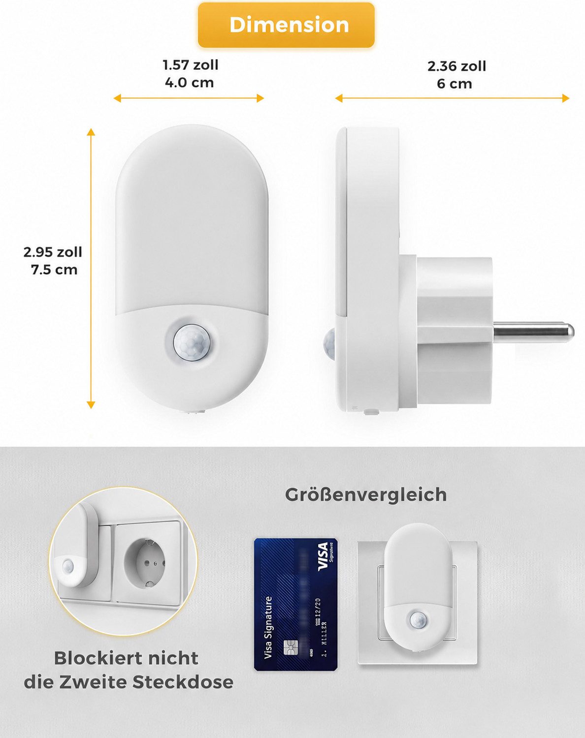 LOHAS-LED Nachtlicht Ovales Halo Steckdosen-Nachtlicht, Bewegungssensor dimmbar, LED fest integriert, warmweiß, 3000K, ideal für Flur & Treppenhaus