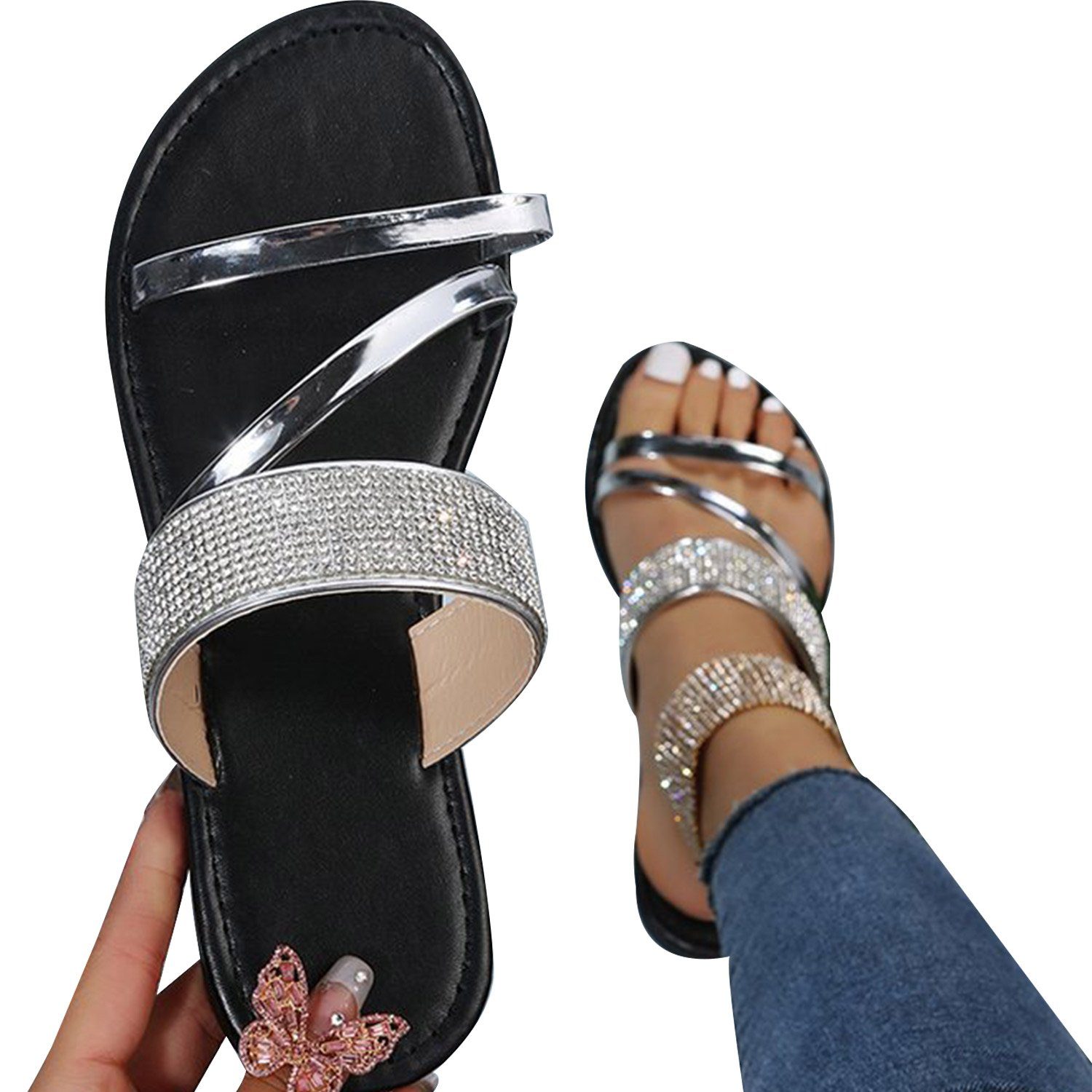 MAGICSHE weiblich Mode Sandale lässige Strass, Schwarz Sandalen Silber mit