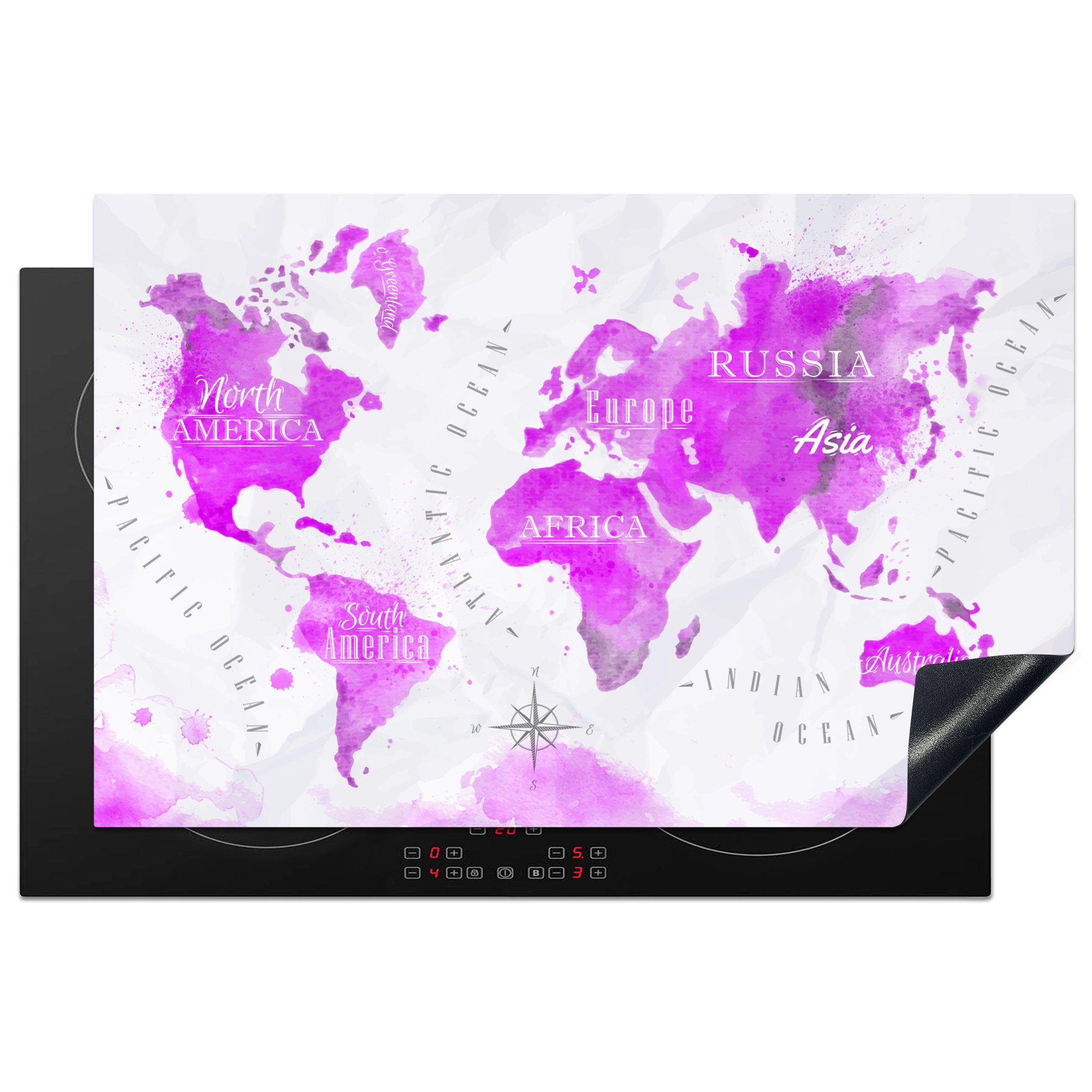 MuchoWow Herdblende-/Abdeckplatte Weltkarte - Rosa - Ölfarbe, Vinyl, (1 tlg), 81x52 cm, Induktionskochfeld Schutz für die küche, Ceranfeldabdeckung