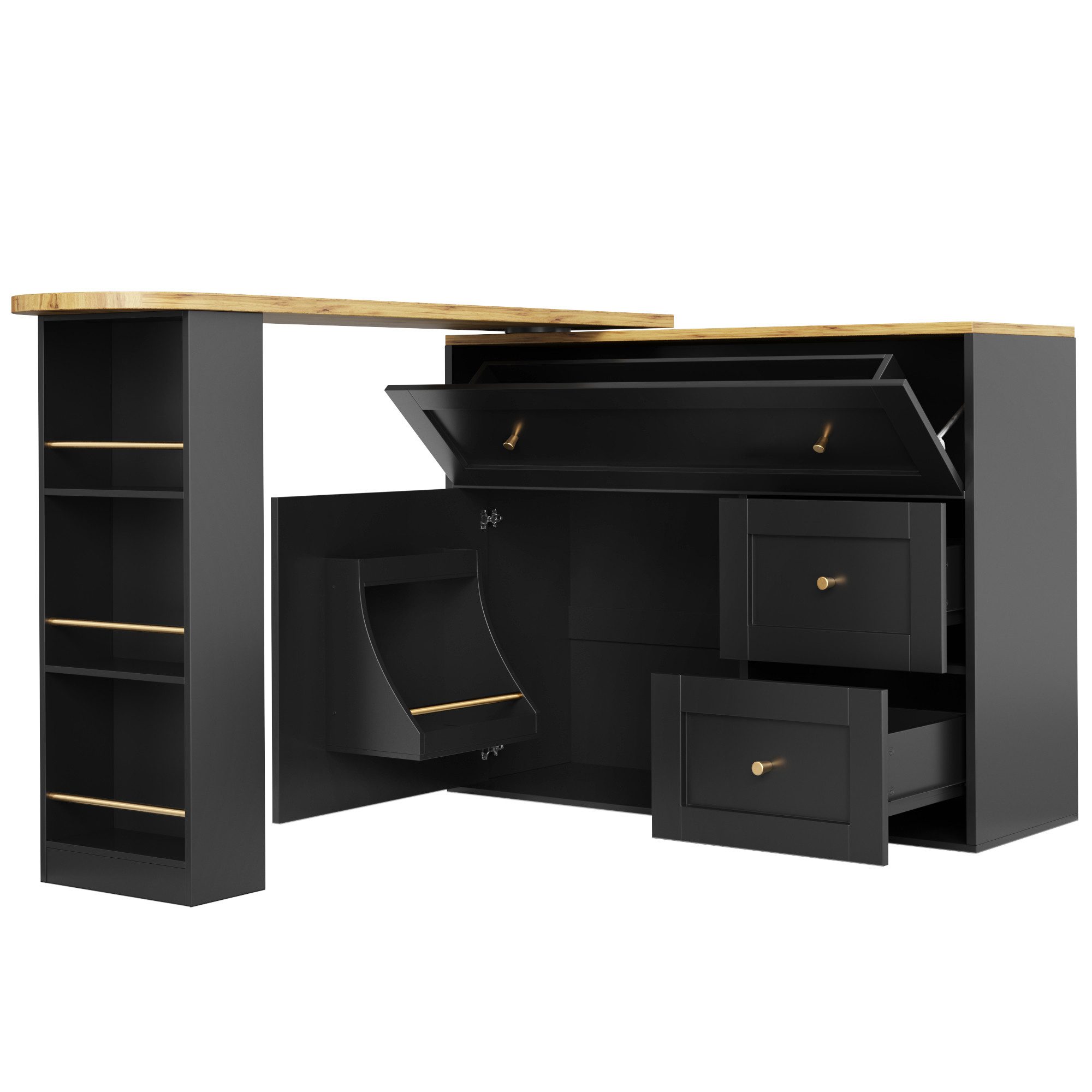 Flieks Bartisch 360° drehbar Stehtisch Kommode mit Schubladen, Türablage und Klappen (Länge 138-204/T39/H105 cm, 2-St., 2er Set), schwenkbar Küchenschrank Sideboard mit Tisch und Stauraum Kücheninsel