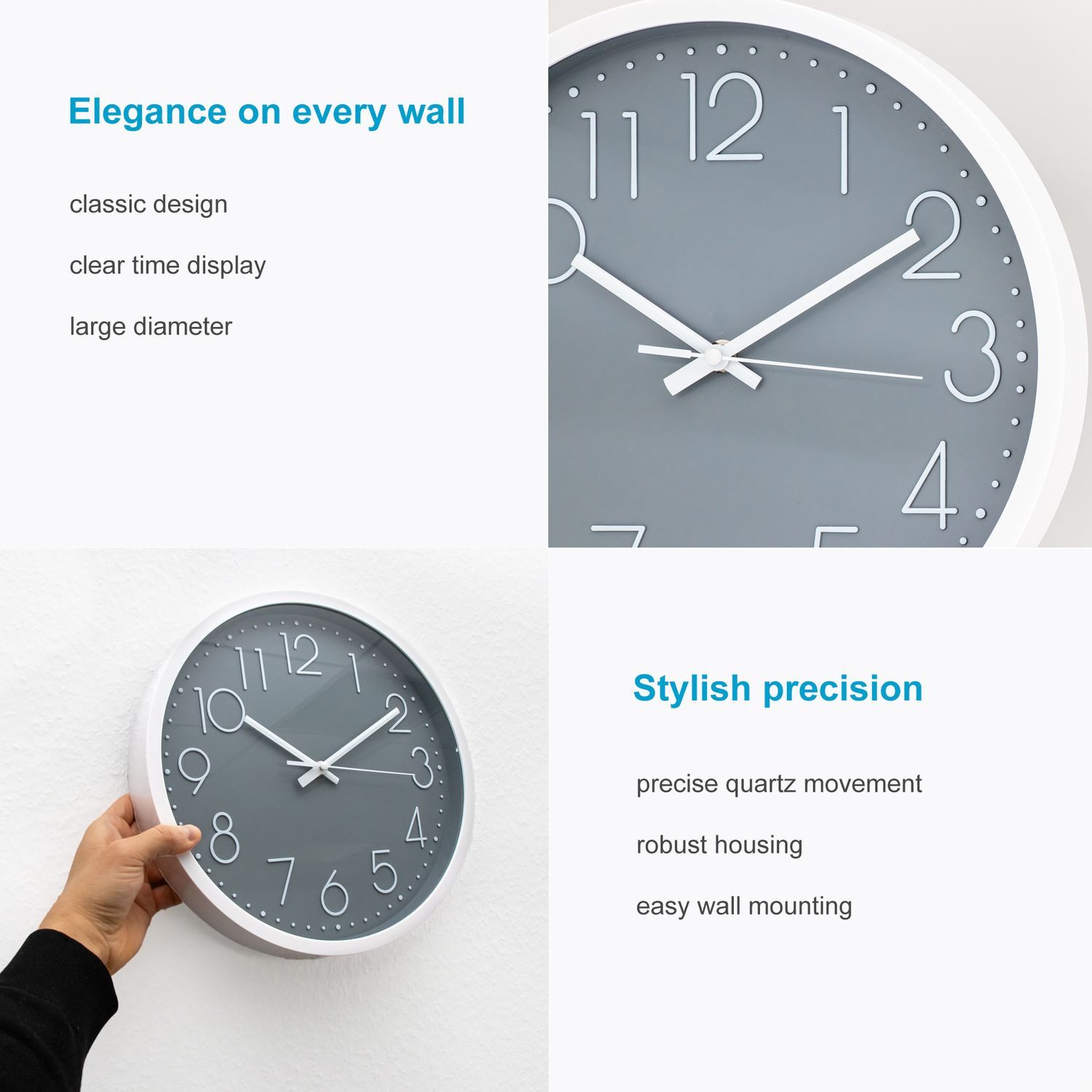 Intirilife Wanduhr (Wanduhr lautlos, ohne Tickgeräusche klassiche moderene Quarzuhr)