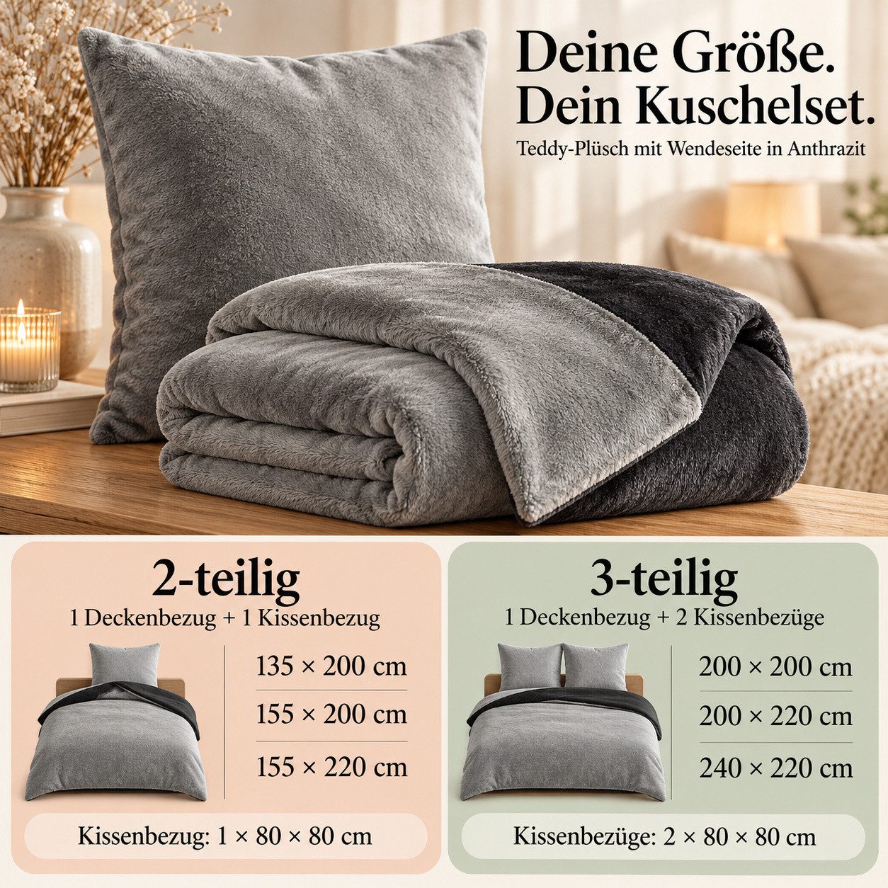 Leonado Vicenti Bettwäsche Winter Teddy Plüsch Cashmere Touch, Fleece, 3 teilig, flauschig warmes Nicky-Teddy-Plüsch, Einfarbig – Bild 4 von 5