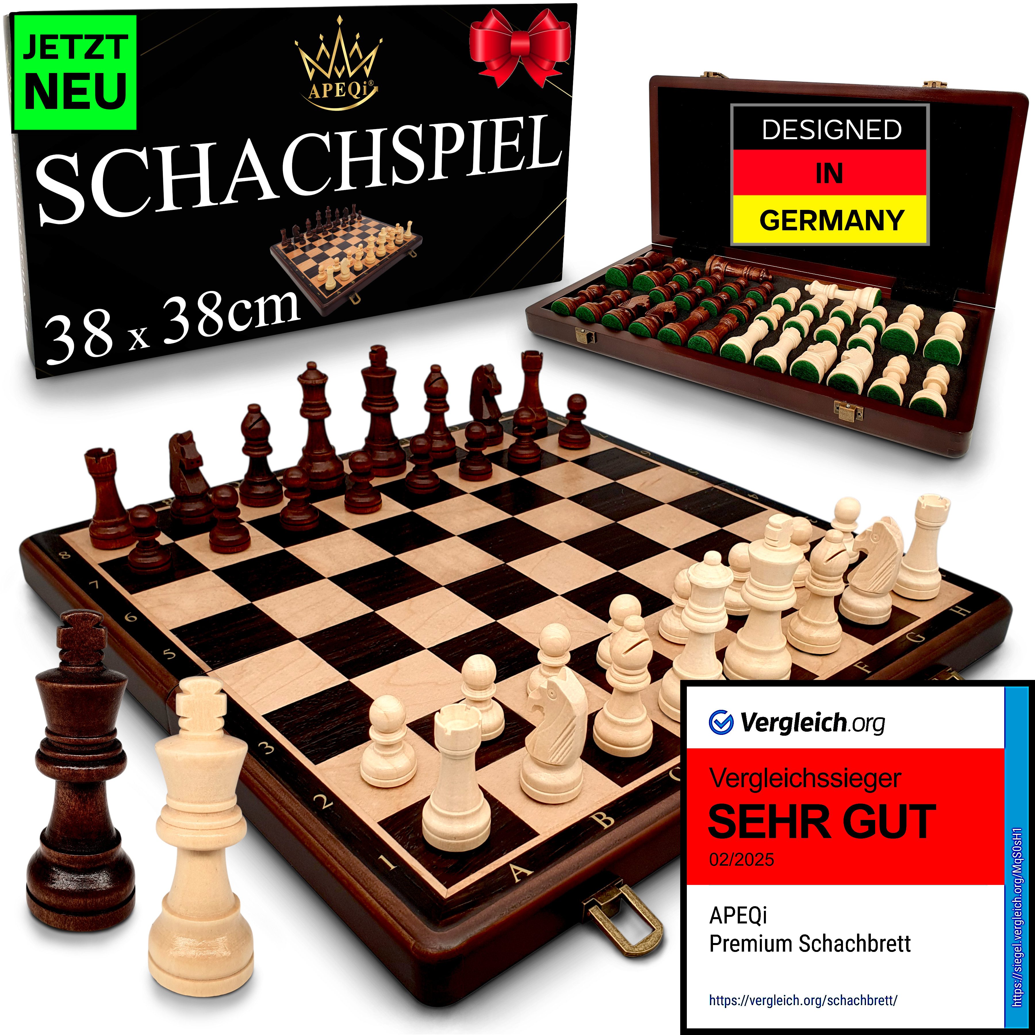 APEQi Spiel PREMIUM Schach - Schachspiel Holz hochwertig - Schachbrett mit Figuren, Massivholz, 2 EXTRA-Damen, Geschenkidee, klappbar, 34 Schachfiguren