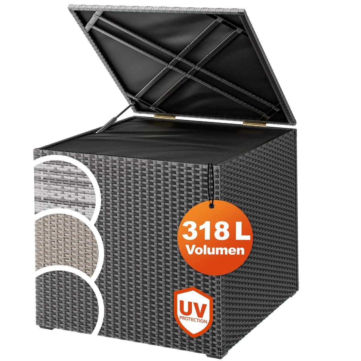Casaria Auflagenbox, 318 L mit Deckel 75x75x70cm Wasserdicht Gasdruckfeder Garten
