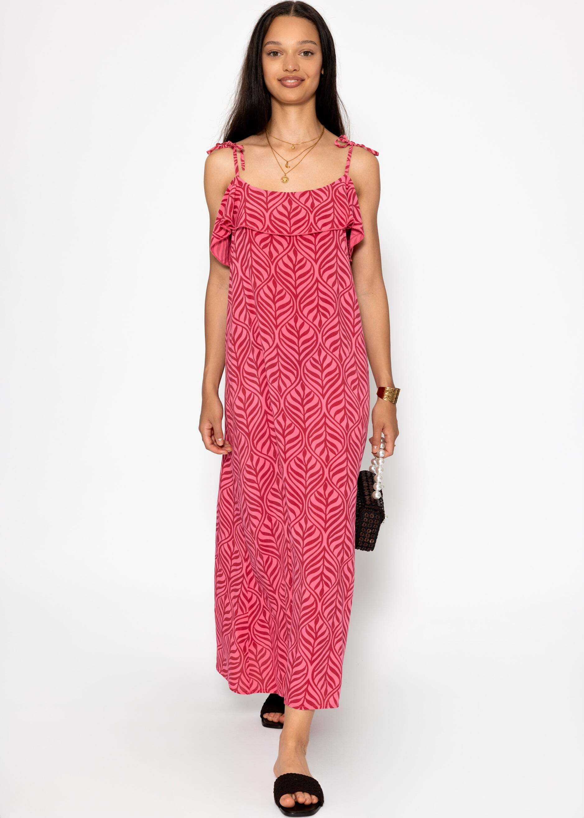 SASSYCLASSY Minikleid Langes Kleid mit Volants und Print für Damen Luftiges Maxikleid mit verstellbaren Trägern aus Viskose Rosa