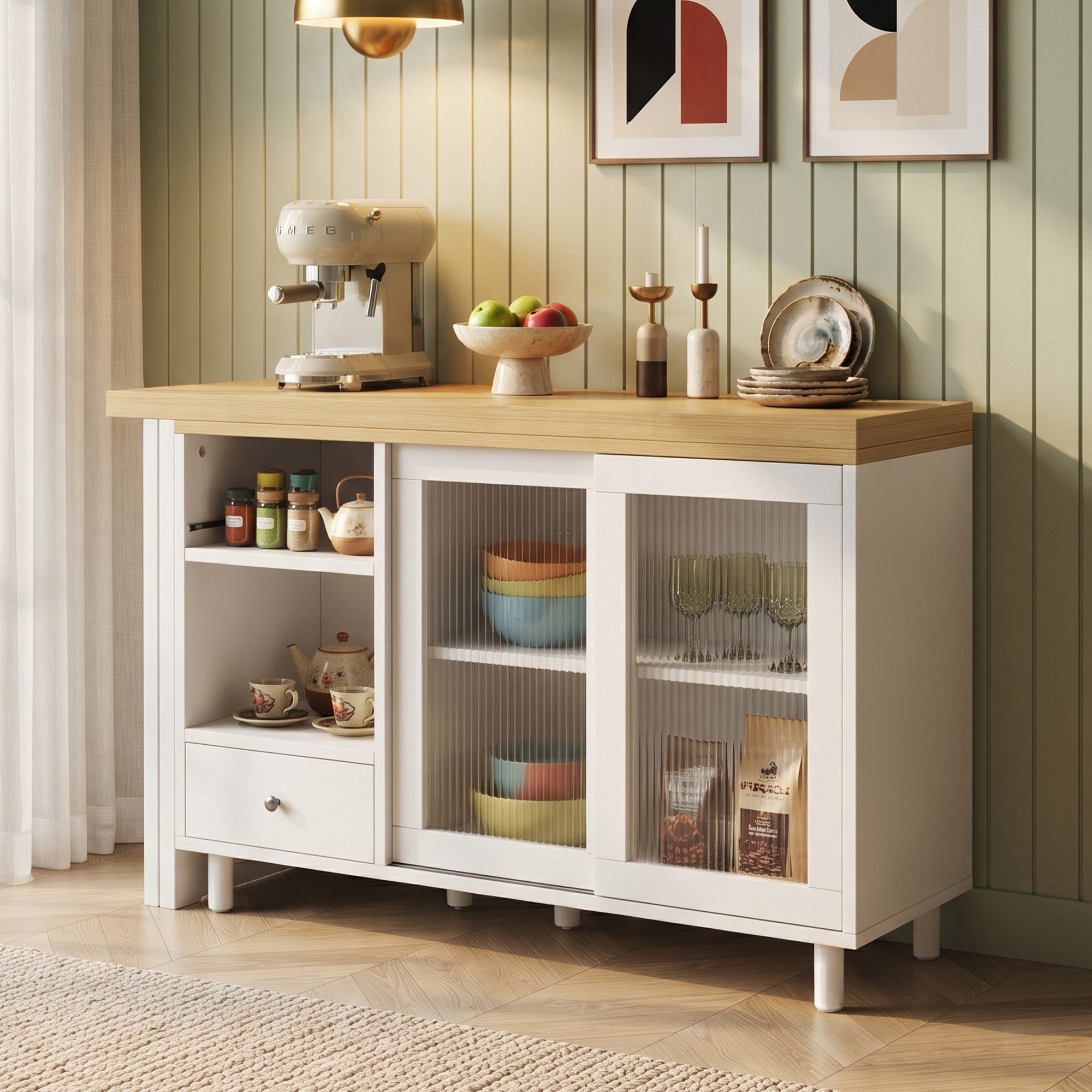 Flieks Kücheninsel Küchenschrank mit 360° drehbarer und klappbarer Arbeitstisch, (Holzoptik Tischplatte Tiefe 40-80cm, Längenverstellbar 120-180cm), ausziehbarer Esstisch & Mehrzweckschrank mit Glasschiebetür Weiß