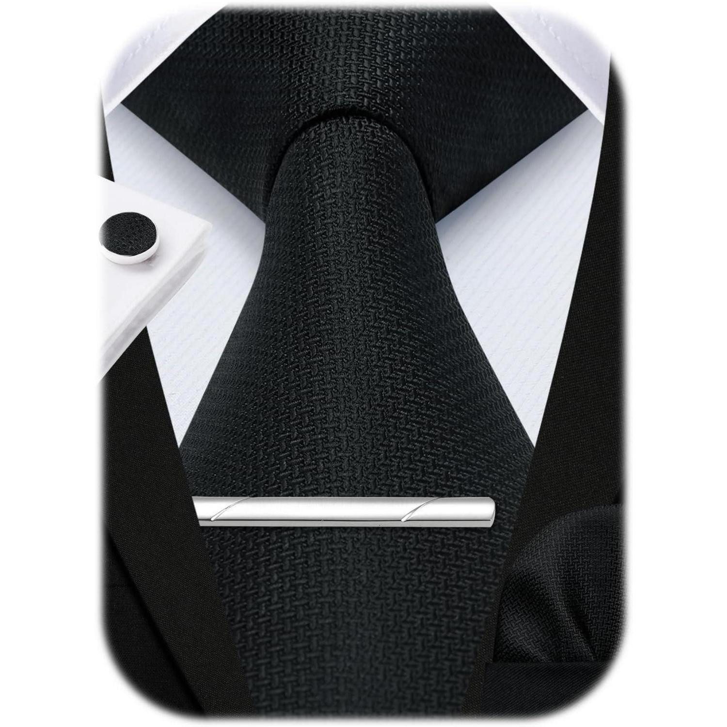 Krawatte Krawatte Herren Hochzeit Einstecktuch Manschettenknöpfe Schwarz-2