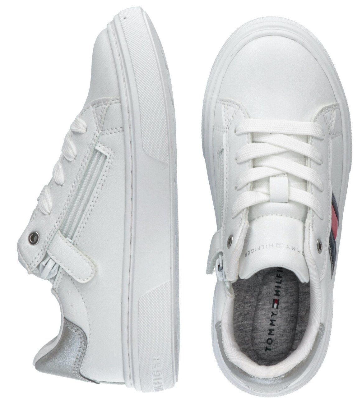 mit Tommy Hilfiger Sneaker weiß-silberfarben LACE-UP FLAG LOW CUT Reißverschluss SNEAKER