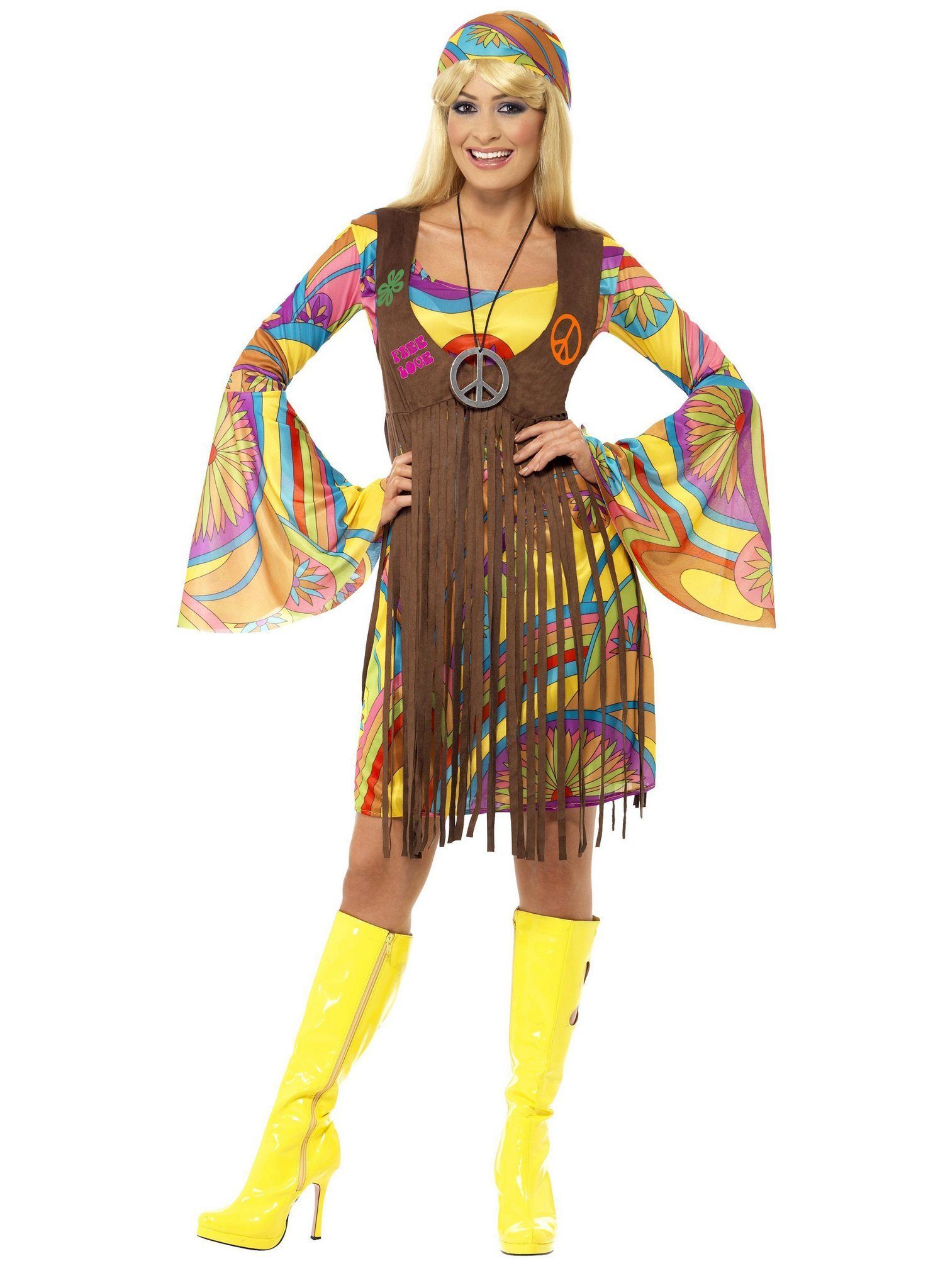 Smiffys Hippie-Kostüm Groovy Hippie - Party Kleid Kostüm für Fasching, Peace, Love und bunte Farben