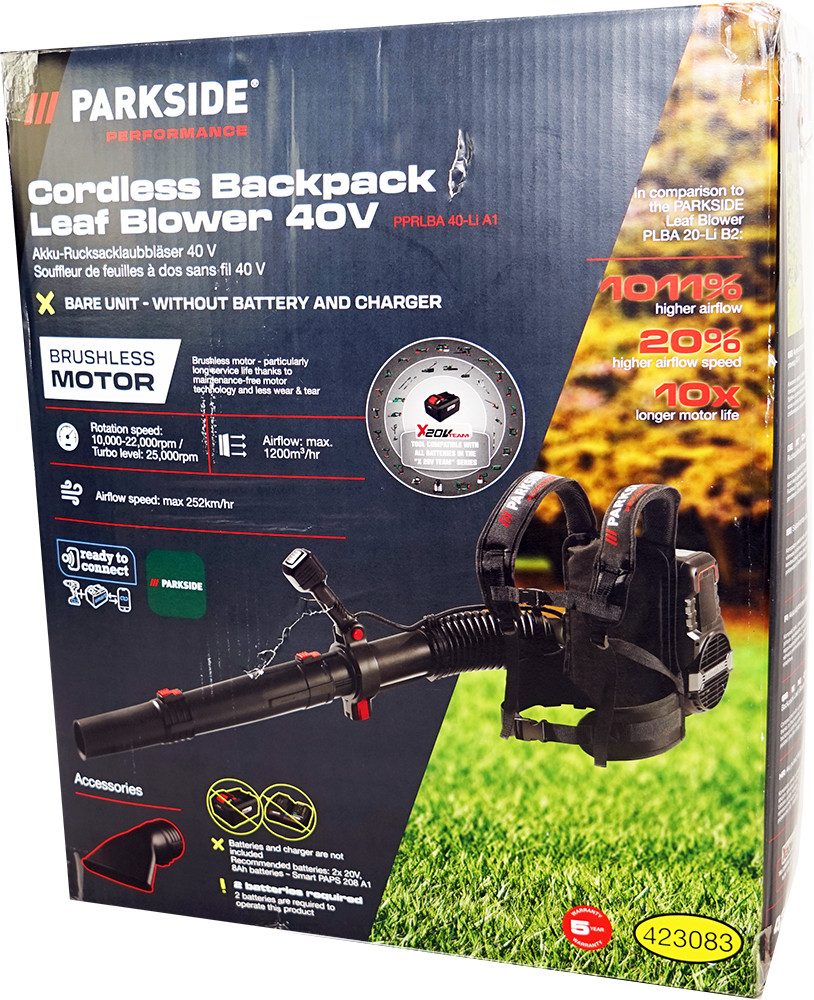 PARKSIDE PERFORMANCE® Akku-Laubbläser 40V Akku Rucksack Laub Bläser PPRLBA 40-Li A1, ohne Akkus