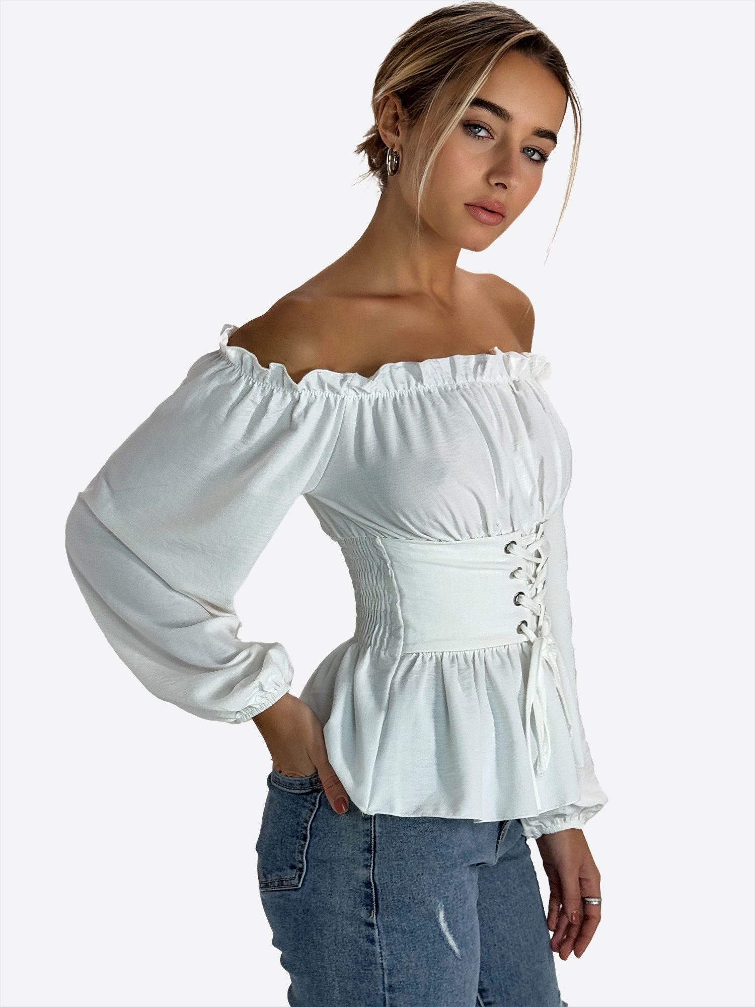 Elara Blusentop Damen Carmenbluse mit Schnürung, Smokbund und Ballonärmeln