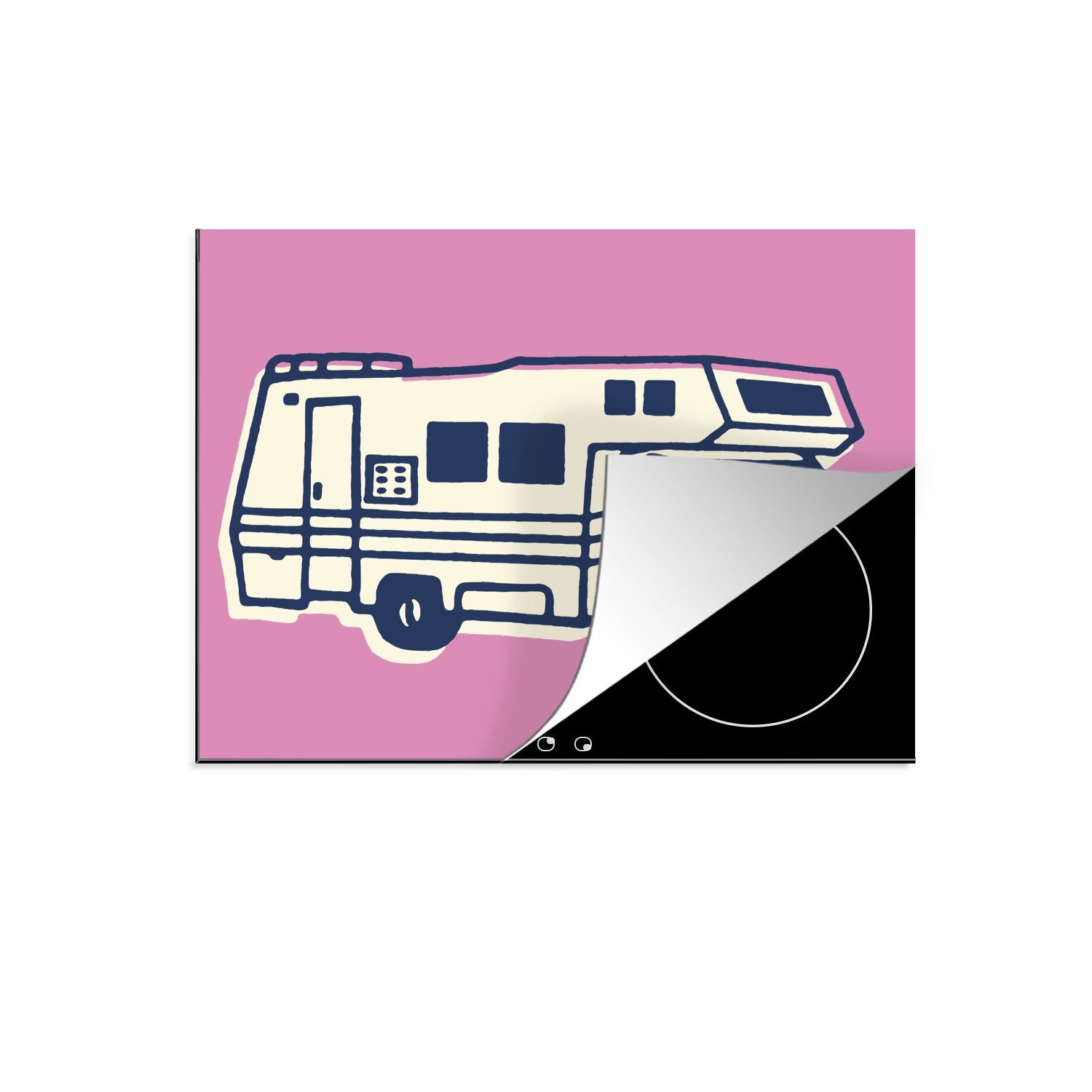 MuchoWow Herdblende-/Abdeckplatte Illustration eines Wohnmobils auf einem rosa Hintergrund, Vinyl, (1 tlg), 60x52 cm, Mobile Arbeitsfläche nutzbar, Ceranfeldabdeckung