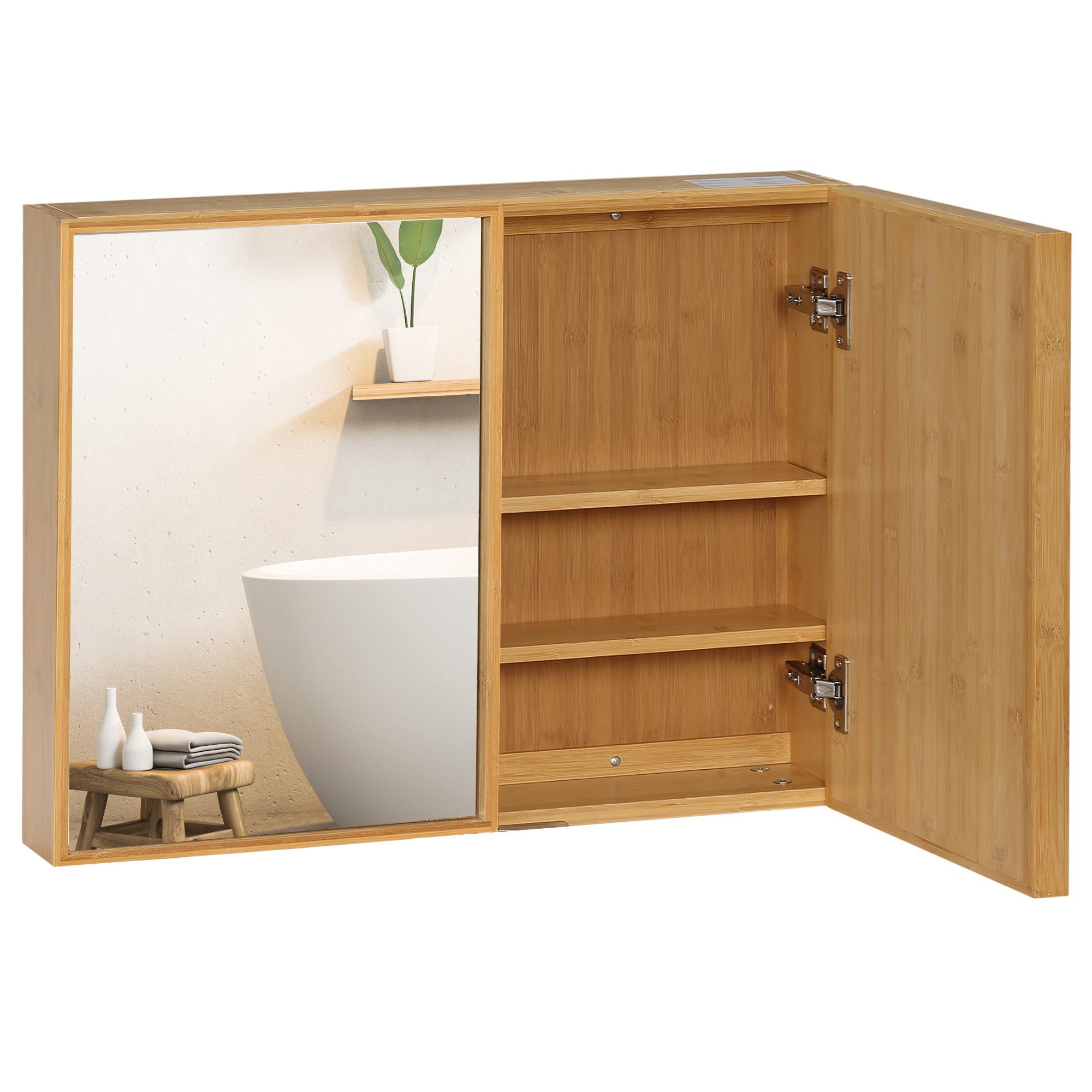 Kleankin Spiegelschrank Wandschrank mit 3 Innenböden, Badspiegelschrank mit Doppeltür (Badezimmerschrank mit Spiegel, 1-St., Hängeschrank) Bambus, Natur, 65,2 x 14 x 50 cm