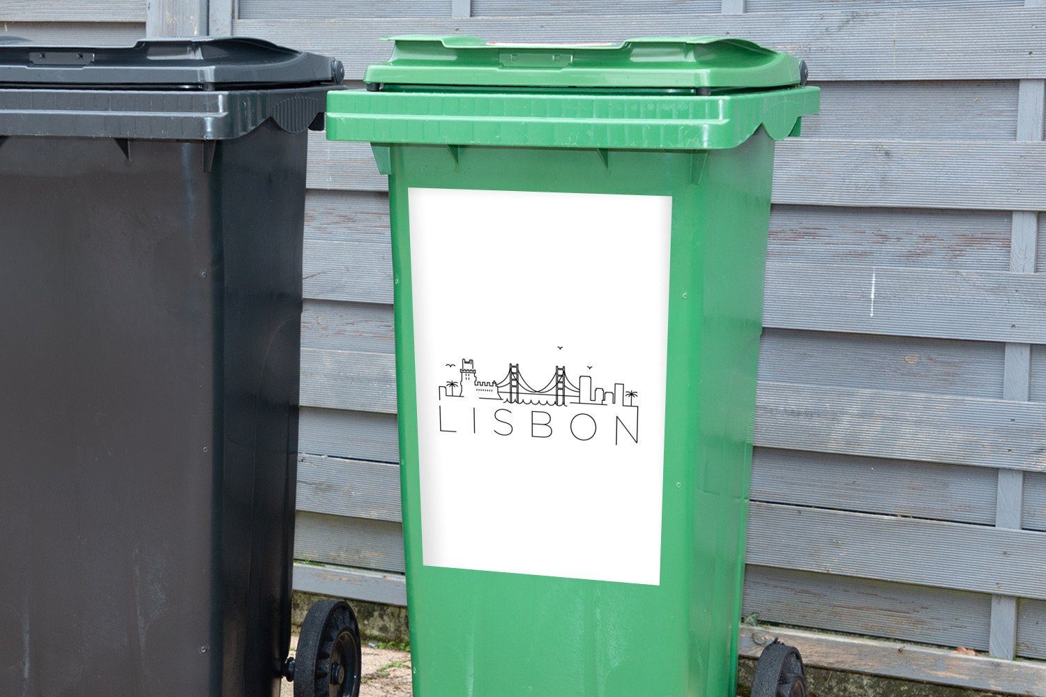 MuchoWow Wandsticker Skyline Container, Mülltonne, Abfalbehälter Hintergrund "Lissabon" vor St), (1 Sticker, Mülleimer-aufkleber, weißem