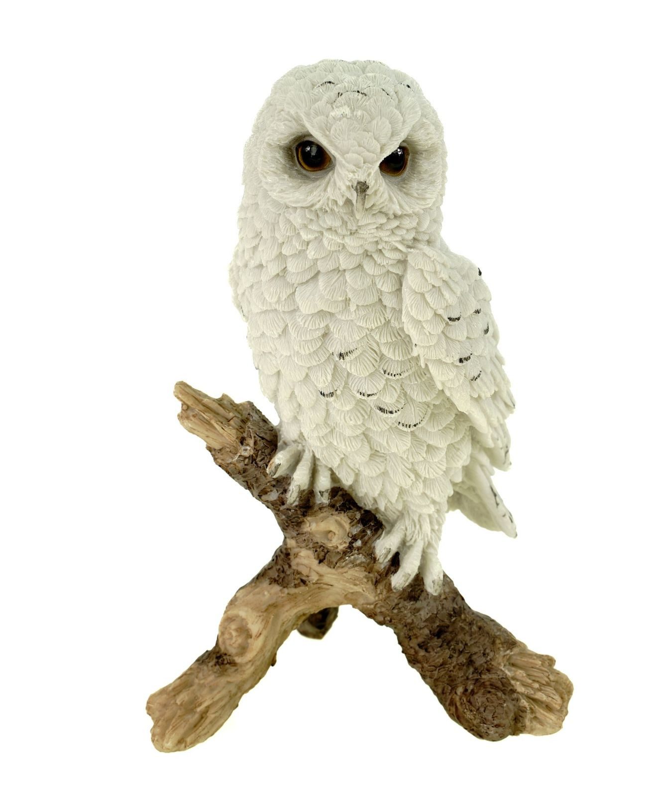 Tierfigur Schneeeule auf Ast stehend 21 cm Uhu Eule Vogel Handbemalt