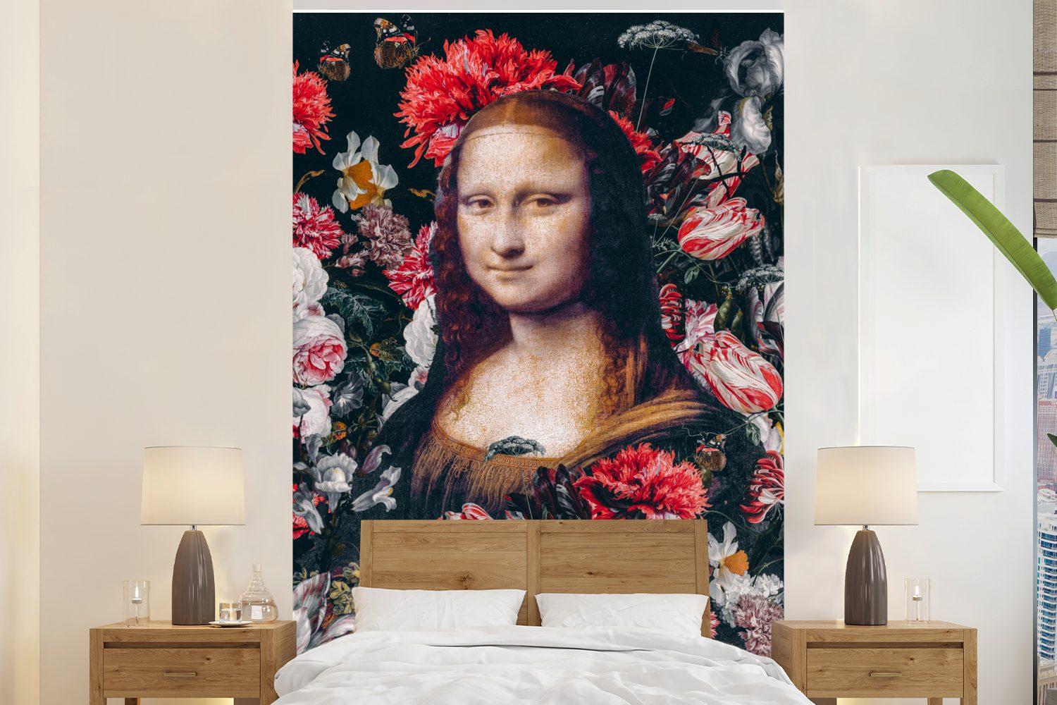 Tapete für MuchoWow Vinci Leonardo Blumen Fototapete Matt, - (3 St), Vinyl bedruckt, Wohnzimmer, Lisa - Wandtapete Rosa, Mona - Montagefertig da